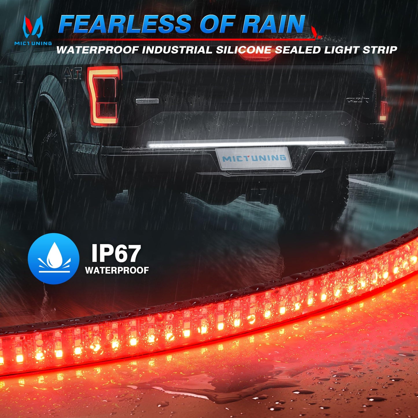 MICTUNING Truck Tailgate Light Strip 48 Inch Triple Row 360 LED IP67 Waterproof with Red Running Brake Sequential Turn Signal, Strobe & White Reverse Lighting