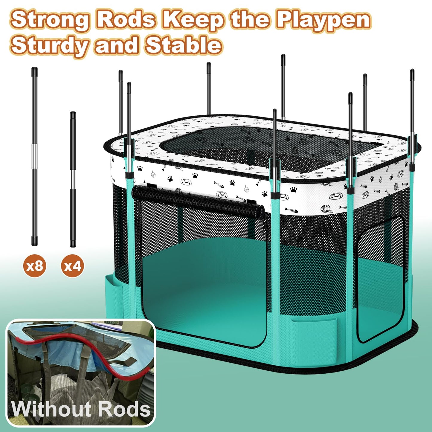 DESELL Portable Cat Playpen, 8-Rod Reinforced Kitten Dog Playpens, Foldable Play Pen for Indoor Cats Enclosed Pet Puppy Doggy Outdoor, Collapsible Tent Kennel Cage House(32"x24"x22")
