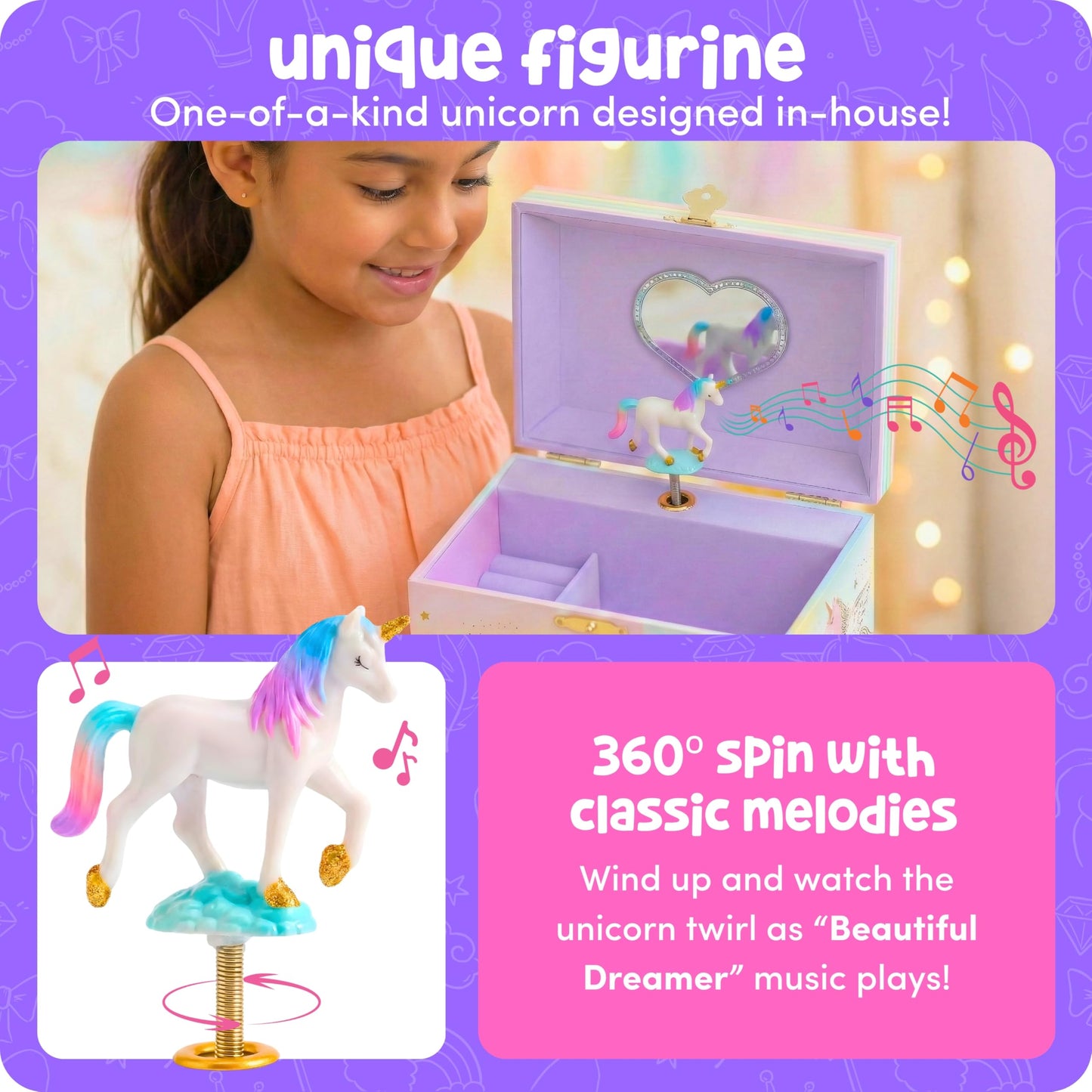 Musical Unicorn Jewelry Box for Girls - Kids Music Box, Unicorn Birthday Gifts for Little Girls, Jewelry Boxes, 6.8 x 5.3 x 6 in - Ages 3-10