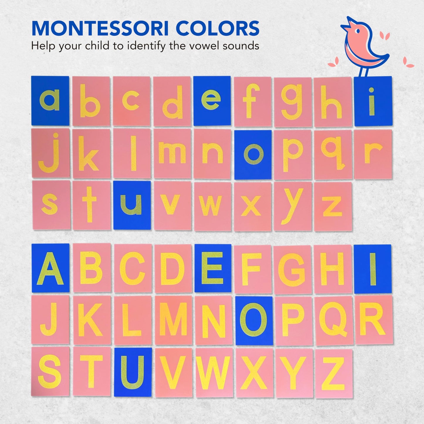 Delmach Montessori Sandpaper Letters | Lowercase and Uppercase | PP Wood Tiles | Vowel Consonant Color Coded | Includes Storage Box
