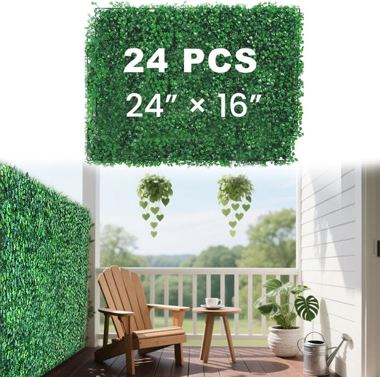 24 PCS 24" X 16" Artificial Boxwood Panels, Grass Decorate Wall Panels, Realistic Green Plant Panel, UV Protected, Fake Hedge for Decor Privacy Fence for Backyard, Garden, Fence