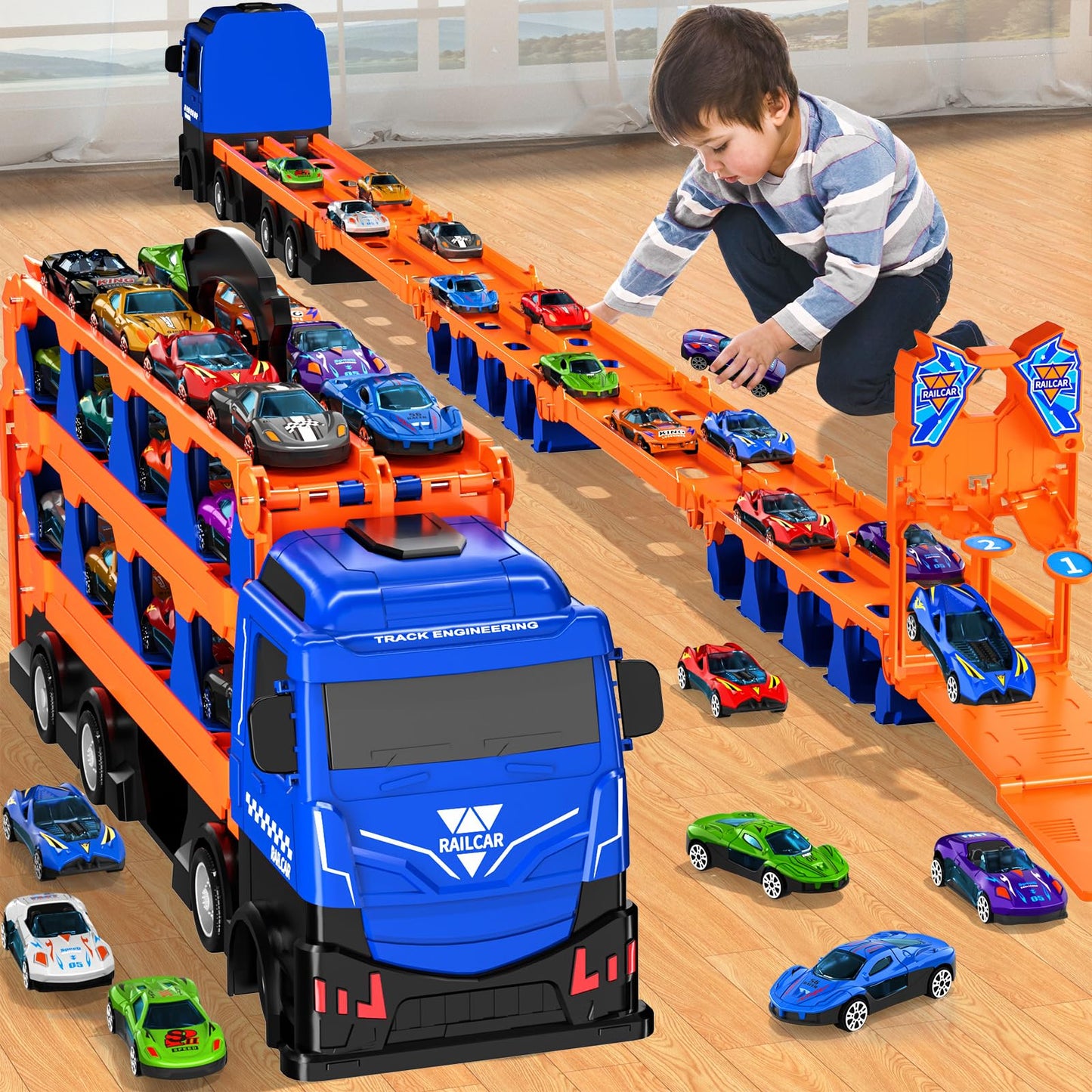 Ci Vetch 78 inches Transport Truck with 24pcs Die-Cast Cars Toys, Cars Toddler Toys Gifts for 3 4 5 6 7 Years Old Boys Girls Kids, Boys Toys Age 3-5 4-7