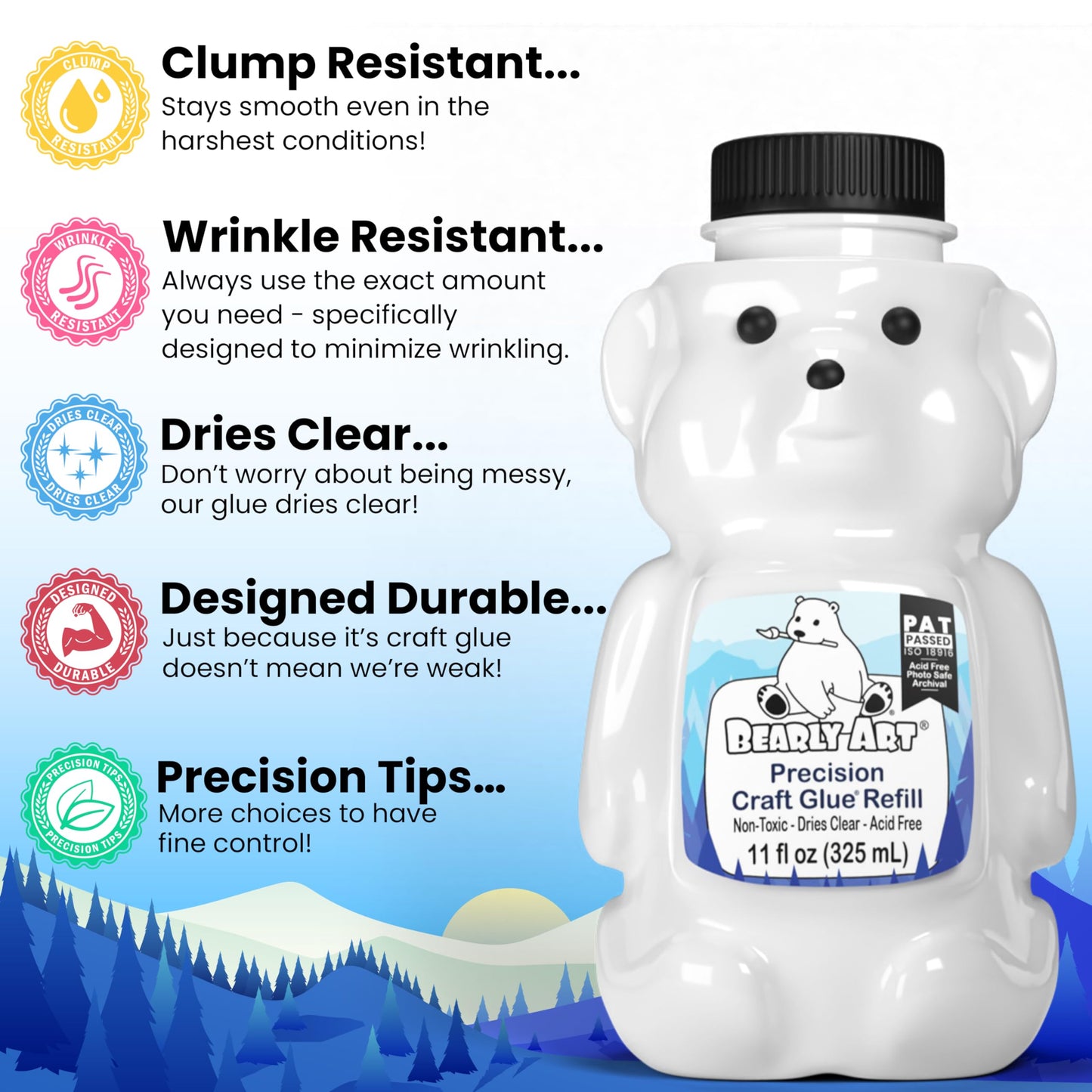 Bearly Art Precision Craft Glue 11fl oz Refill - Dries Clear - Wrinkle Resistant - Flexible and Crack Resistant - Strong Hold Designed Tough - Made in USA