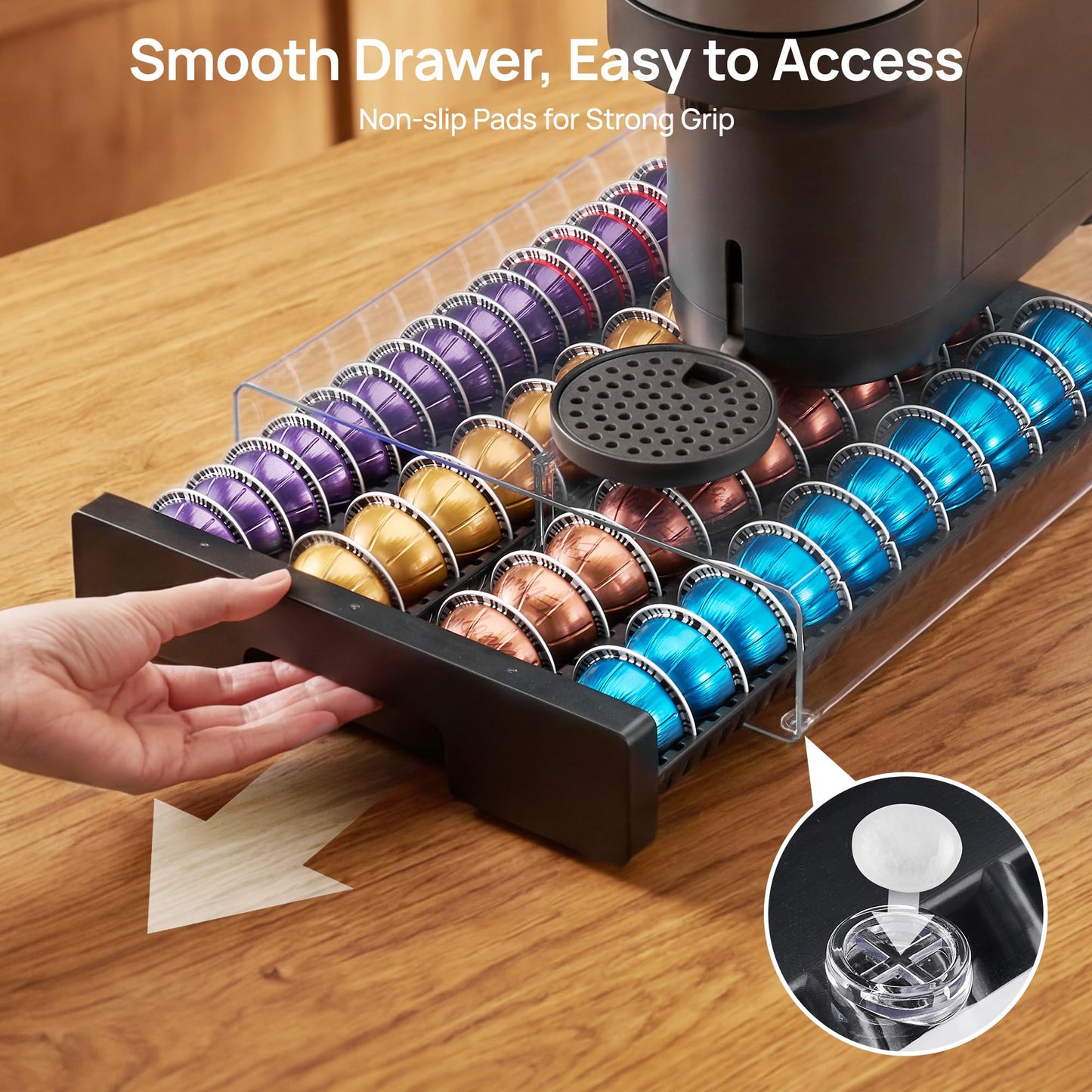 Vtopmart Coffee Pod Holder for Nespresso Vertuo Pods, Clear Acrylic Anti-Slip Coffee Pod Organizer with Smooth Pull-Out, Holds 40 Large or 60 Small Capsules