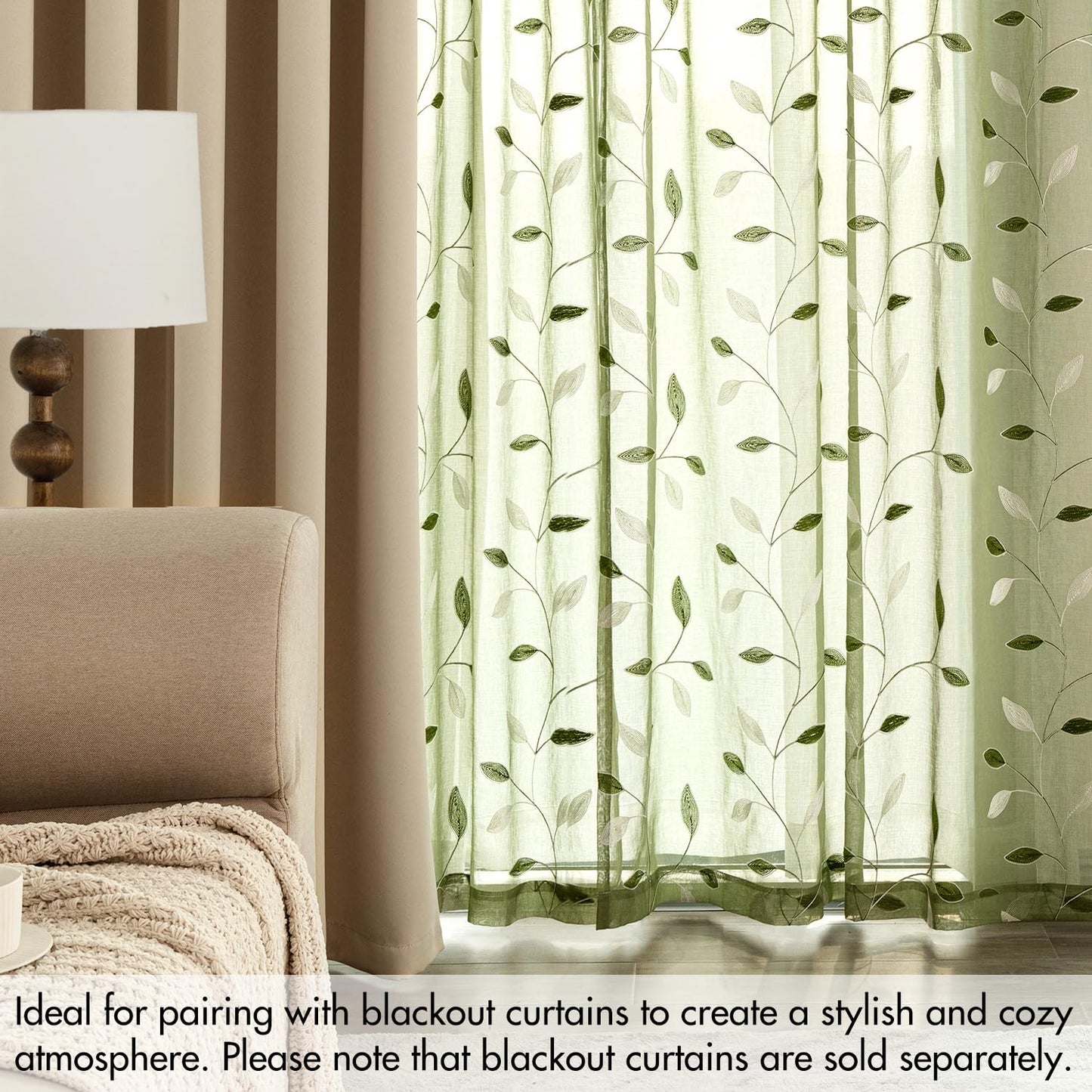 MIULEE Sage Green Curtains 2 Panels Embroidered Leaf Patterned Rod Pocket Floral Semi Sheer Faux Linen Window Curtains Drapes for Living Room Bedroom Farmhouse, 52x84 Inches Long