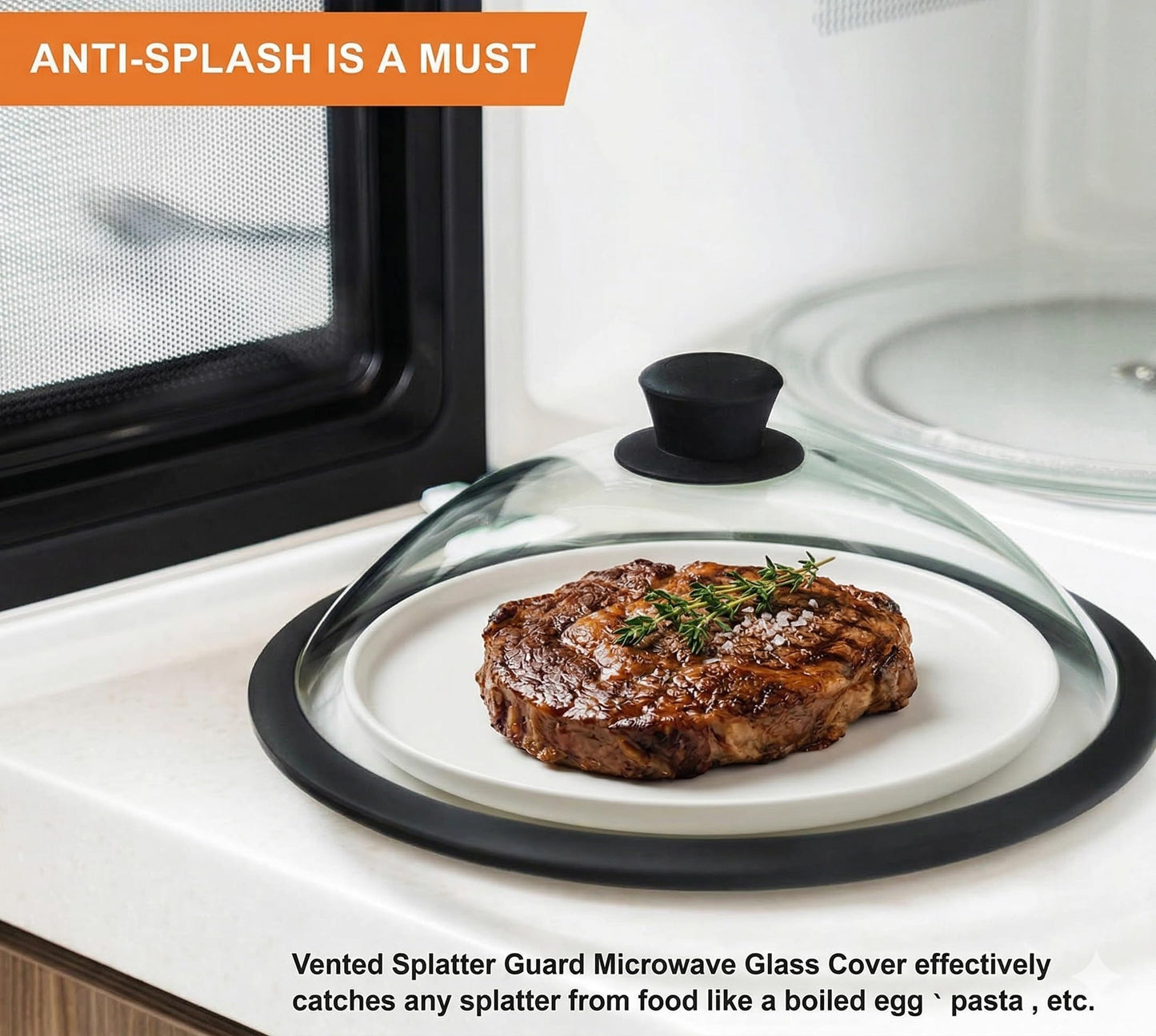 OEC Vented Splatter Guard Microwave Glass Cover for Food with Easy-Grip Handle, 12.5 inch (Inner Diameter 11.8”), Food Grade Tempered Glass, BPA Free Silicone Rim with Steam Vent - Dishwasher Safe