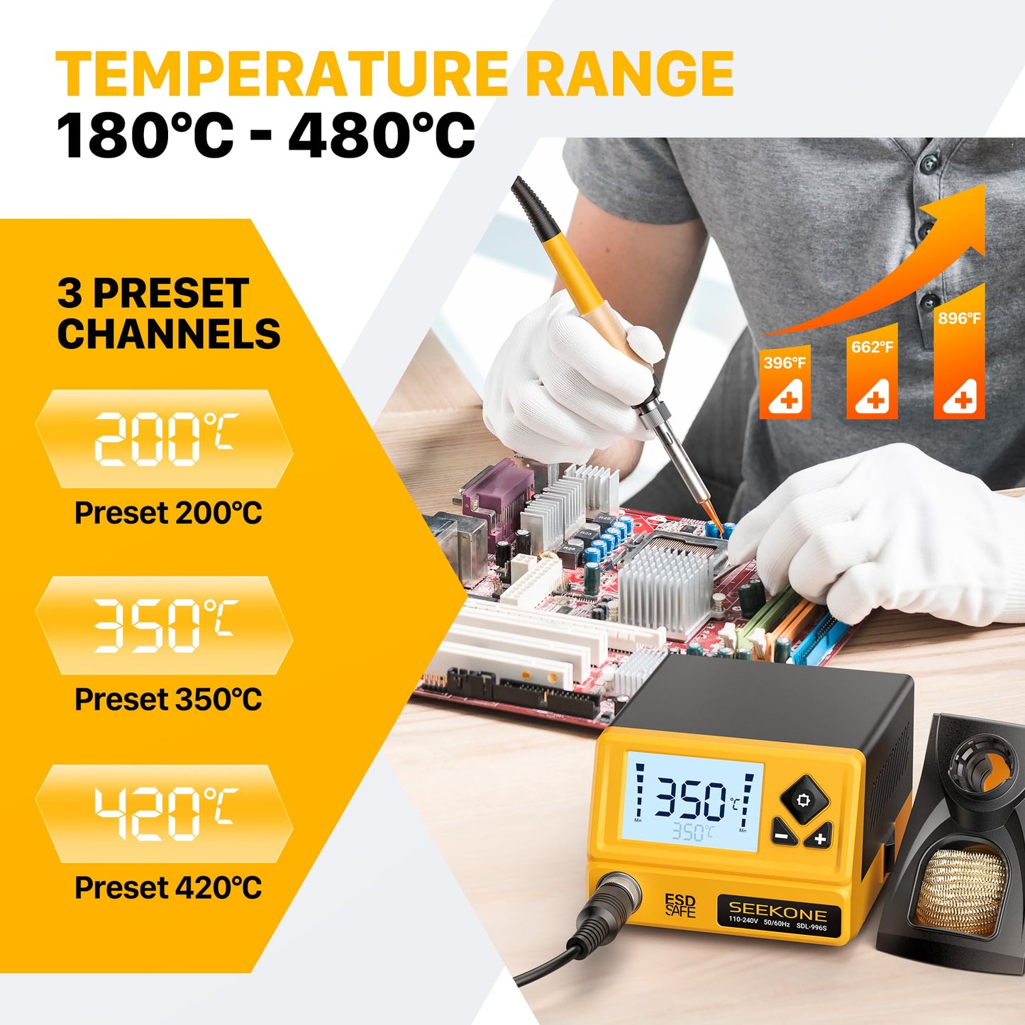 SEEKONE 60W Soldering Station 180℃ - 480℃（352°F - 896°F）Soldering Iron Station with 5 Extra Iron Tips, ESD Safe, 3 Preset Channels, °C/ºF Conversion, Auto Sleep, Calibration Support & Power-on Memory