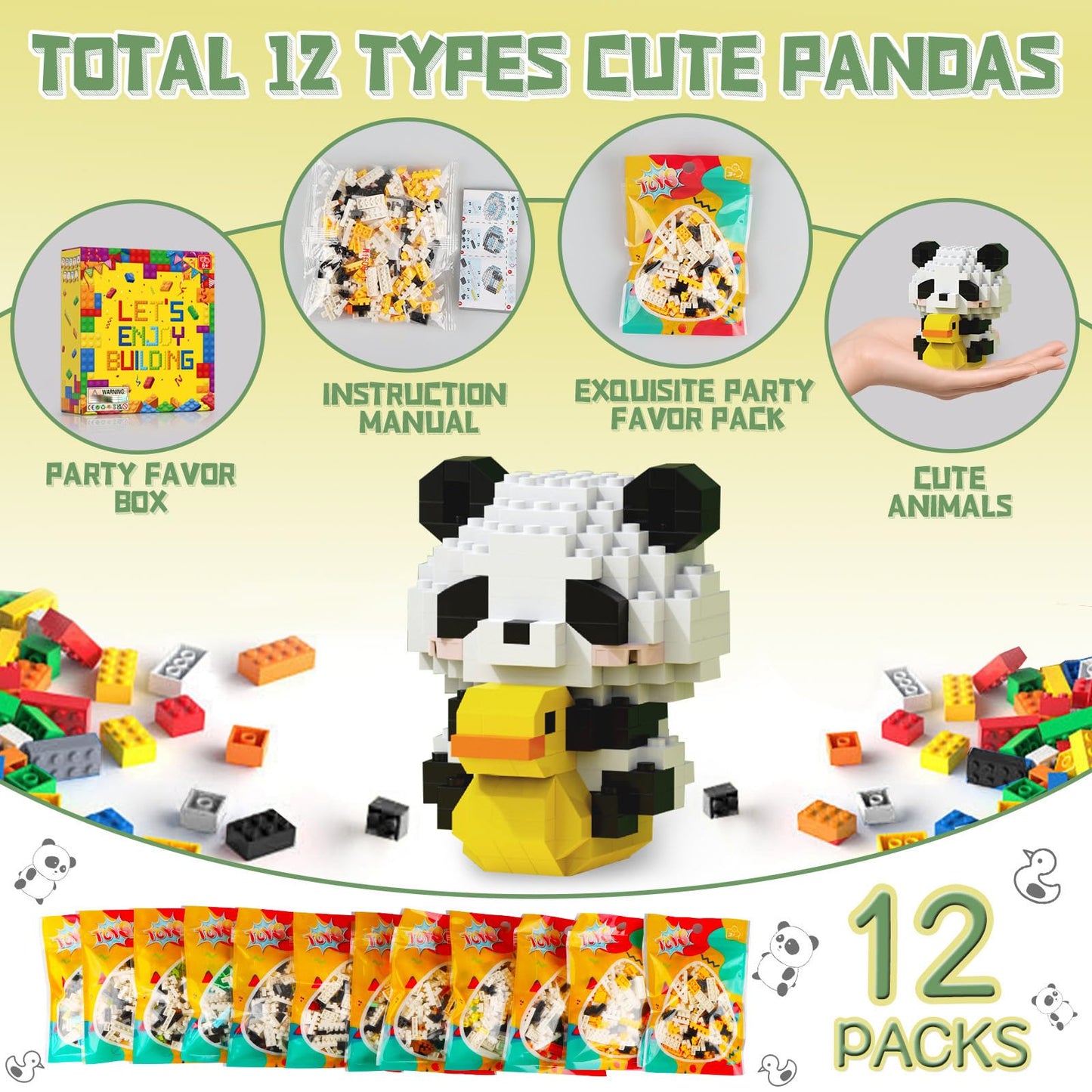 HIGH GODO 12Pack Pandas Party Favors Building Set, 1977PCS Cute Animals Set for Goodie Bag Stuffers Classroom Prizes, Party Favors Birthday Easter Gifts for Teens 14+ (Not Compatible with Major Brand)