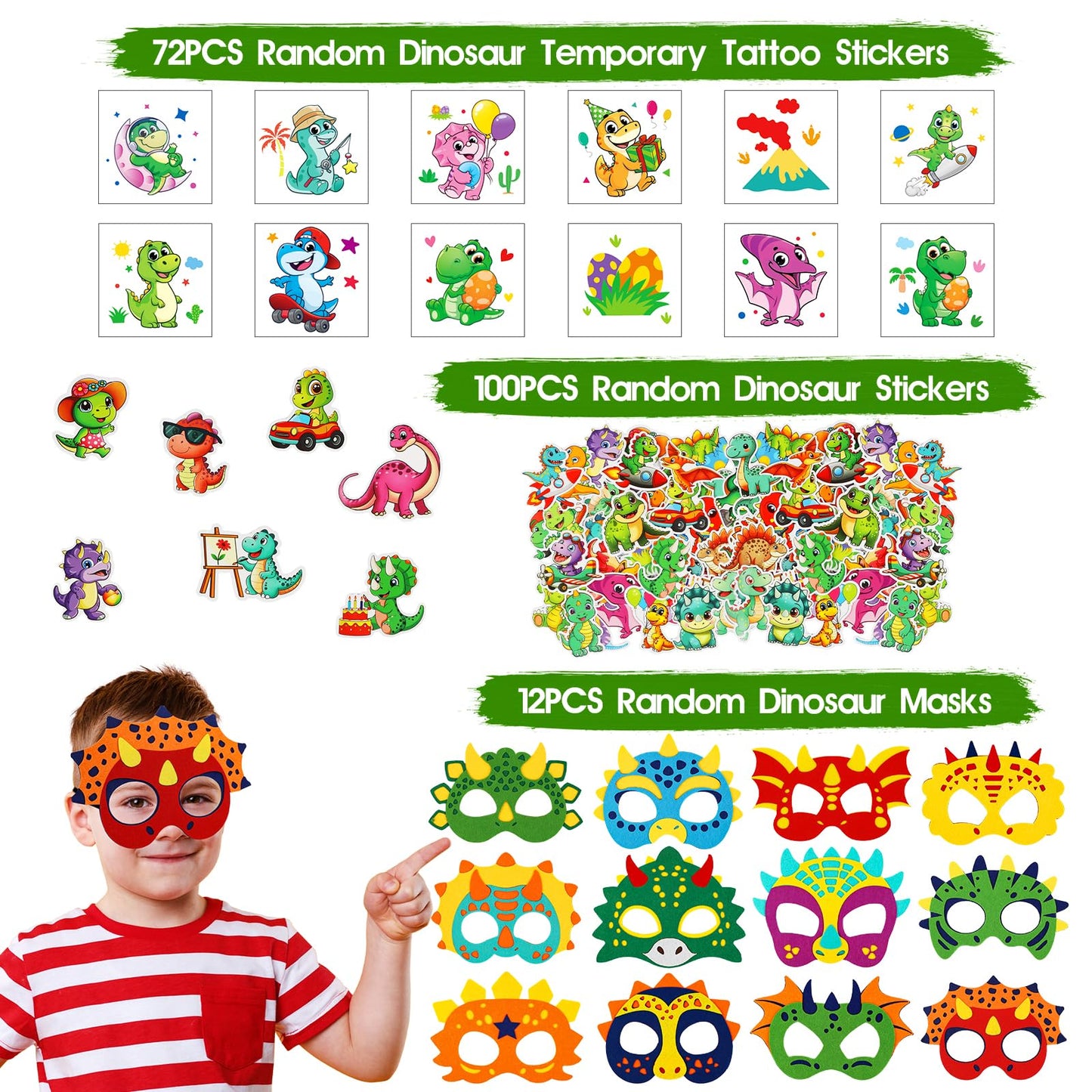 RichSmile 352PCS Dinosaur Party Favors, Dinosaur Birthday Party Decorations Supplies, Stickers Keychains Goodie Bags for Kids Birthday Gifts, Dino Slingshot Finger Fidget Toys Bulk