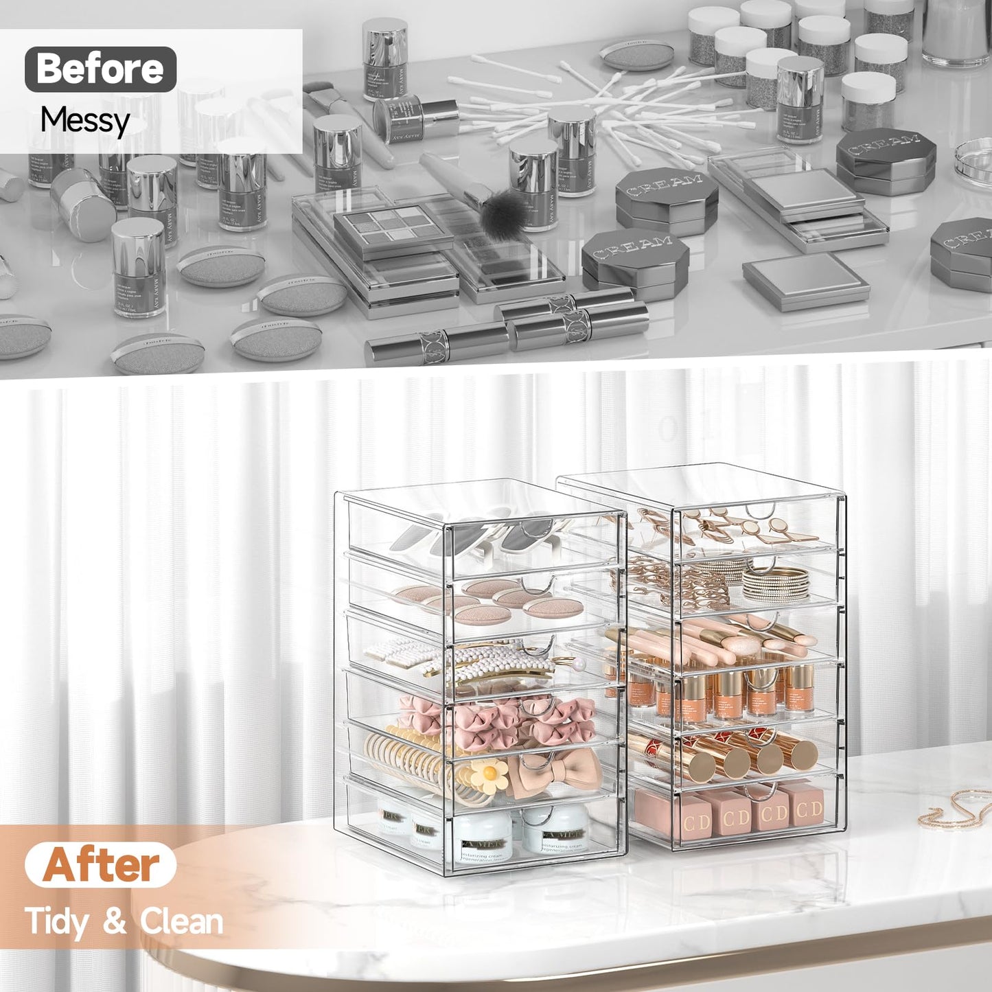 DOMNIU Makeup Drawer Storage Organizer with 24 Drawers, 4 Set Acrylic Office Desk Organization and Storage, Dustproof Transparent Plastic Frame