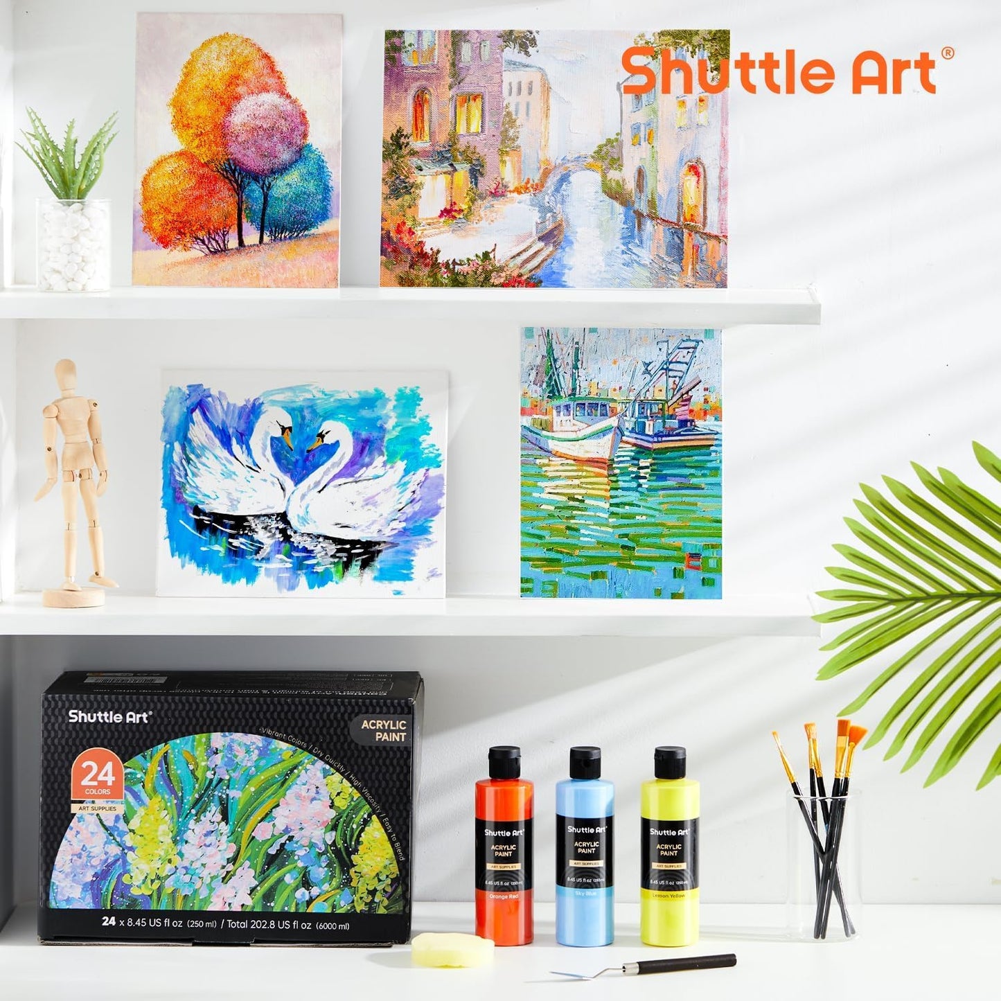 Shuttle Art Acrylic Paint, 24 Colors Acrylic Paint Bottle Set, 250ml/8.45oz Each, Rich Pigments, High Viscosity, Bulk Paint for Artists, Beginners and Kids Painting on Rocks Crafts Canvas Wood Ceramic