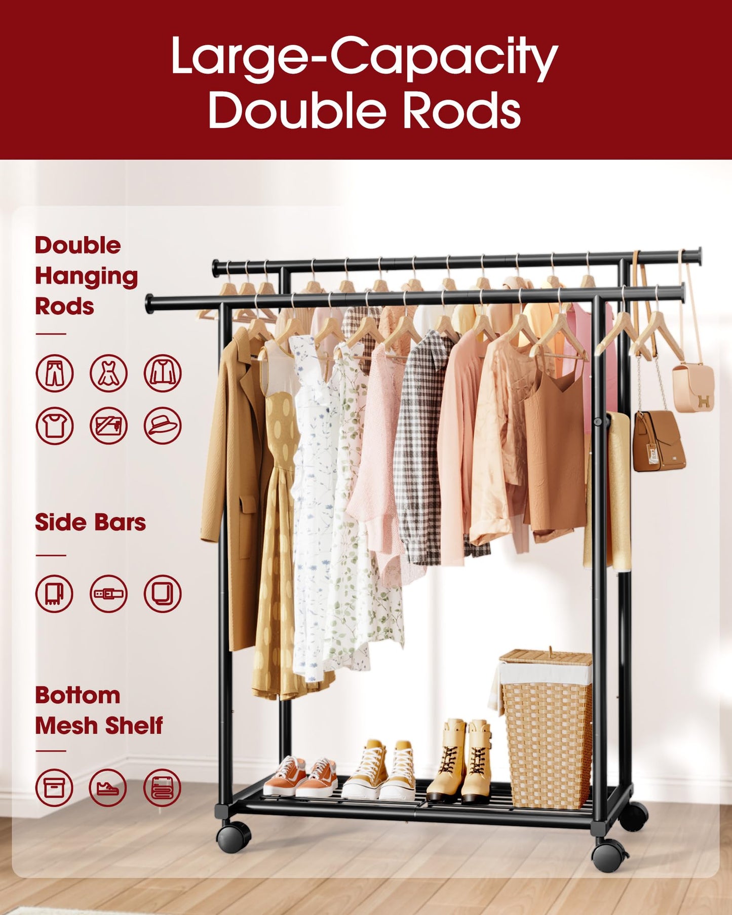 Sakugi Clothing Rack - Double Rod Coat Rack with Fixed Extension Bar, Built-In Mesh Shelf & Lockable Wheels, Multi-Purpose Clothes Rack for Bedroom, Laundry, Entryway, 98cm x 42cm x 150cm, Black