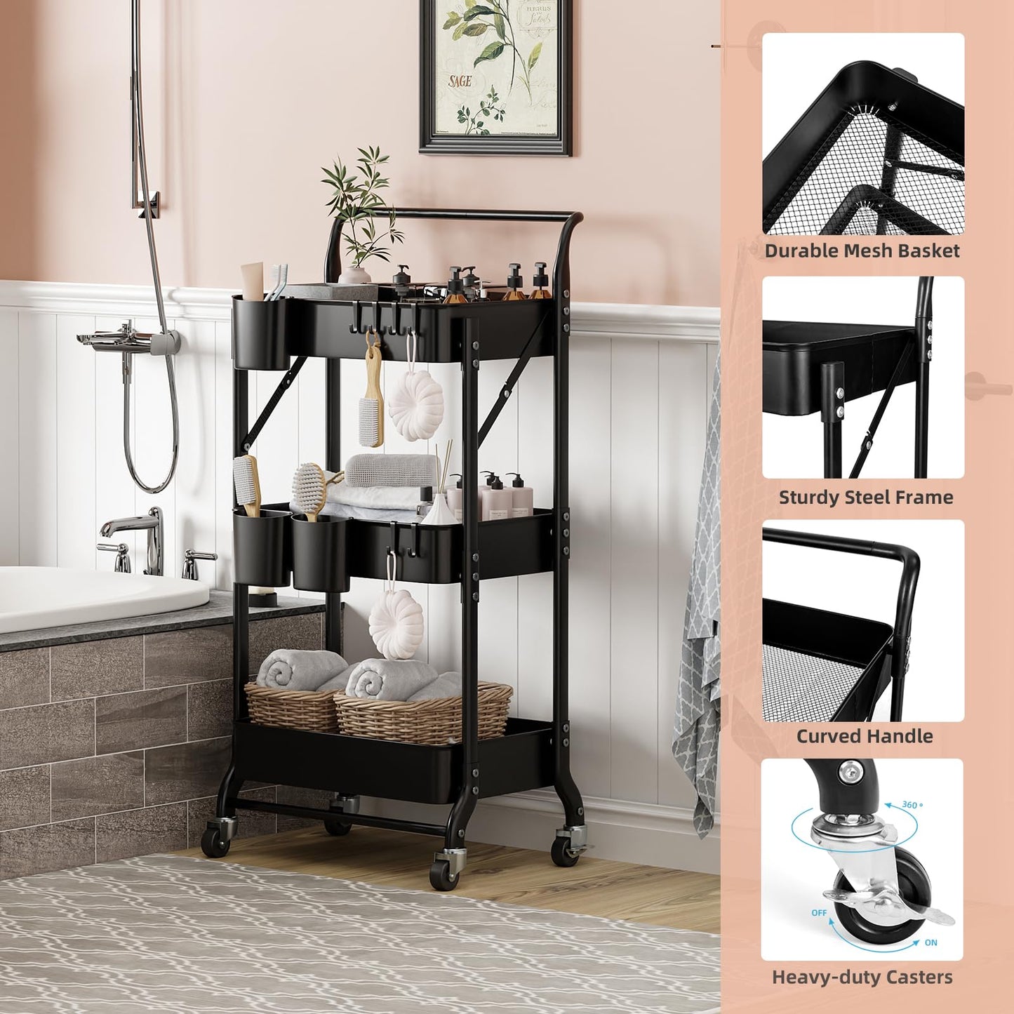 Amatic 3-Tier Folding Rolling Utility Cart with Wheels, Foldable Storage Cart Organizer with 3 Hanging Cups & 6 Hooks for Kitchen, Office, Living Room, Nursery(Black)