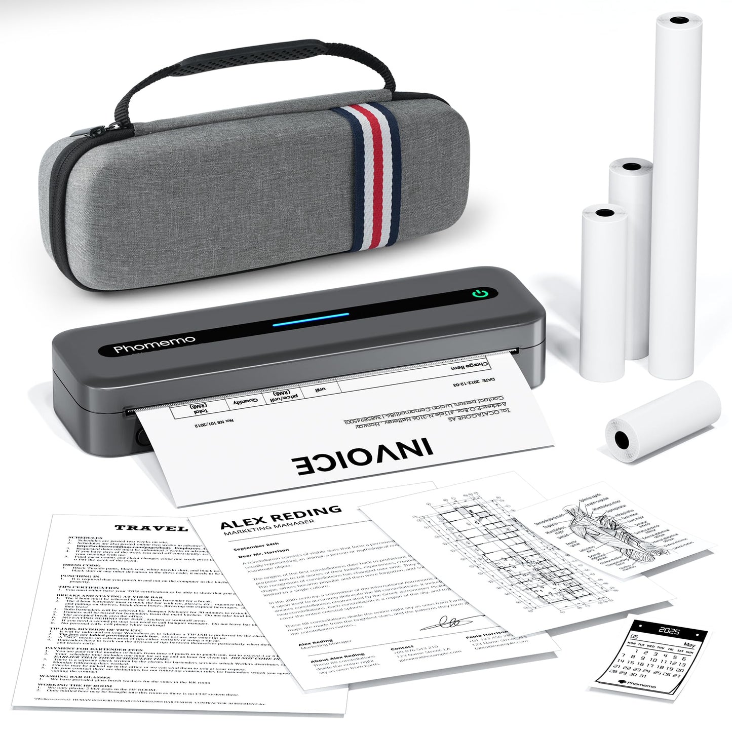 Phomemo Portable Thermal Printer, M832 Wireless Bluetooth Inkless Printer, Support 8.5'' x 11'' US Letter & A4 Size, Small Mobile Printers for Phone & Laptop, with Carry Case and 4 Rolls Thermal Paper