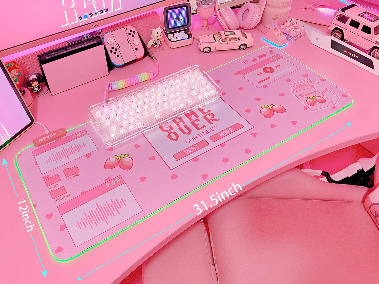 JMIYAV Pink RGB Gaming Mouse Pad 31.5x12 Inch PC XL Large Extended Glowing Led Light Up Desk Pad Non-Slip Rubber Jmiyav Base Computer Mouse Pad Cute Mousepad Mat 31.5x12 Inch Over