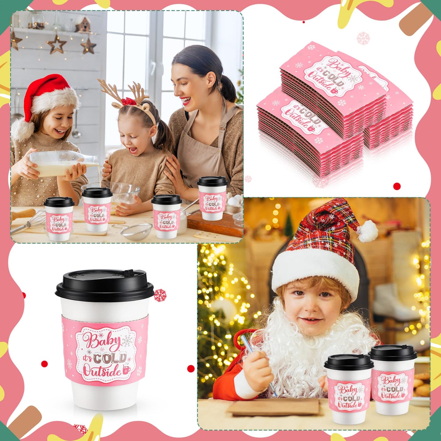 Yexiya 60 Pieces Christmas Baby It's Cold Outside Cup Sleeves Coffee Tea Fits 12oz 16oz Disposable Paper Cup Sleeves for Hot Chocolate Cocoa Beverage Xmas Party Supplies(Pink Silver)