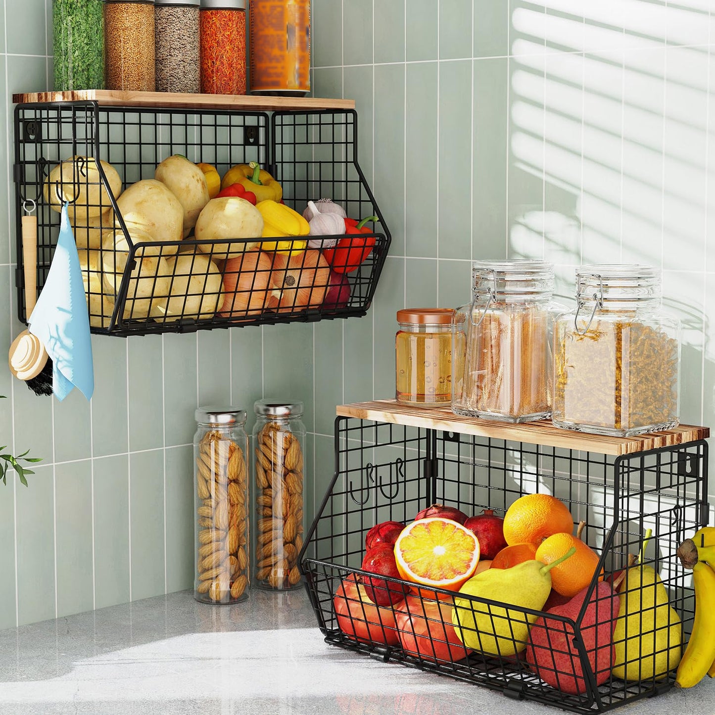 SUNALLY Hanging Fruit Basket for Kitchen Counter Organizing Wire Wall Mounted Baskets Under Cabinet Fruit and Vegetable Produce Storage Organizer Wood Lid Potato and Onion Holder with Hooks, 2 Pack
