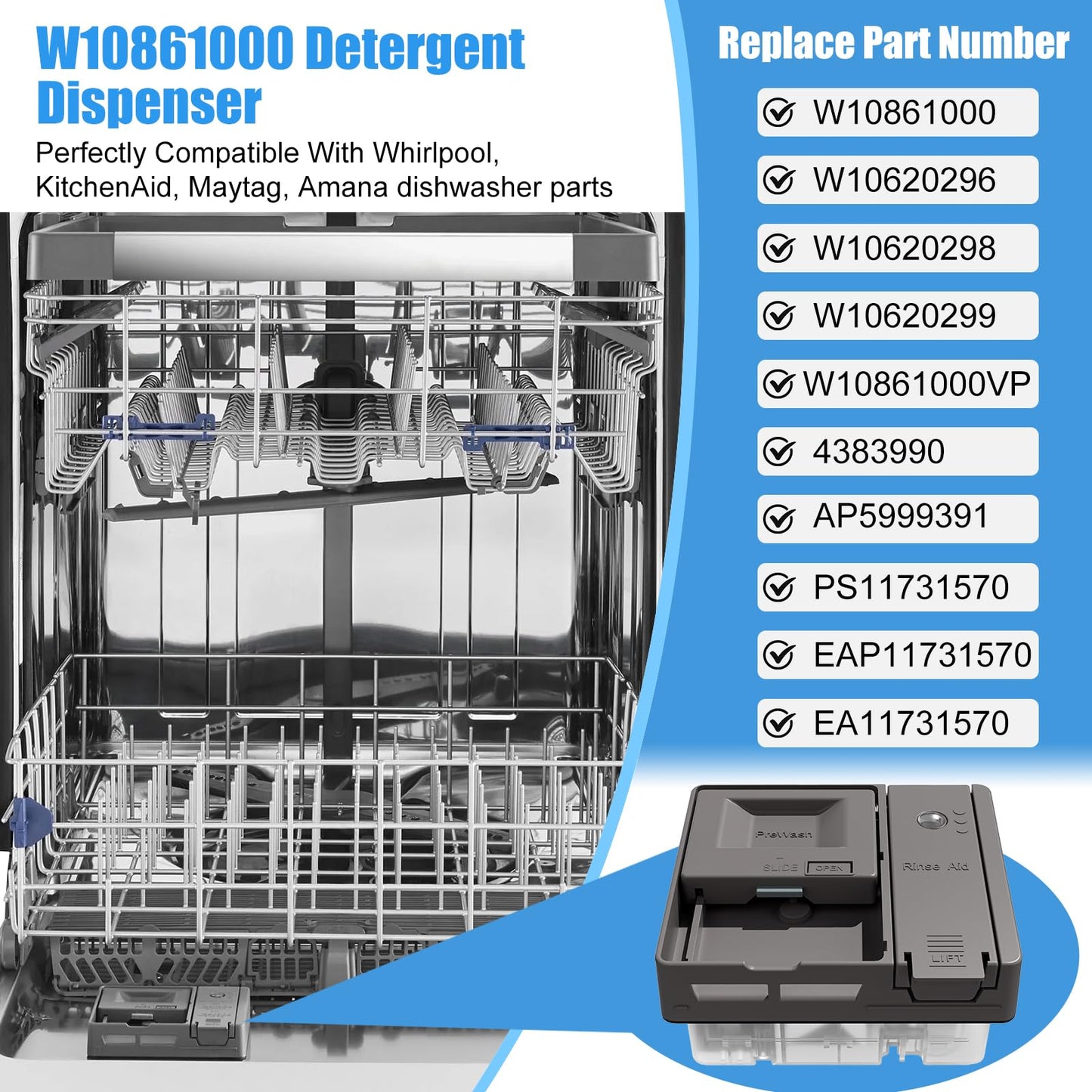 UPGRADED W10861000 Dishwasher Detergent Dispenser Compatible With Whirlpool Kitchenaid Maytag Dishwasher Detergent Dispenser Replacement Parts W10620296 W10620298 WDT730PAHZ0 Soap Dishwasher Dispenser