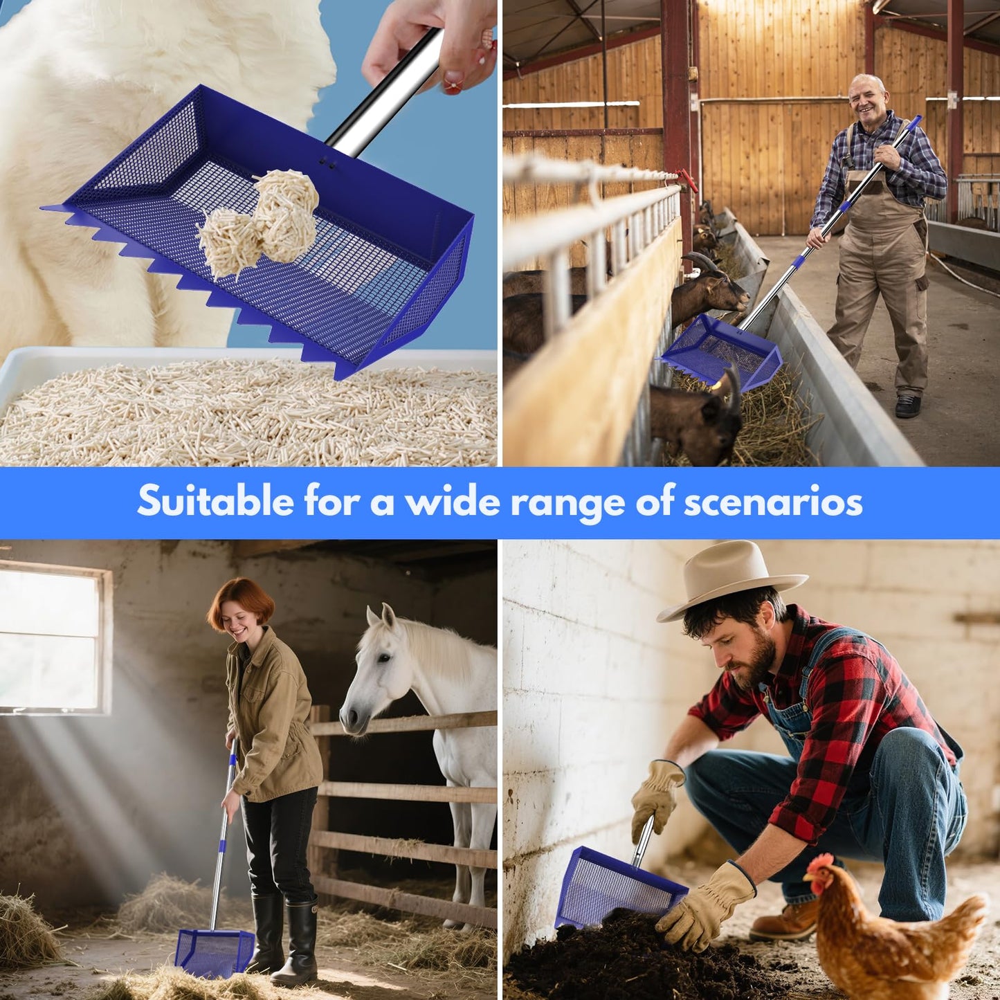 Chicken Poop Scooper & Rake 2-in-1, 304 Stainless Steel Shovel Head, Chicken Litter Scoop with Handle for Chicken Coop & Pet Waste Cleaning, Litter Sifting Shovel (35 to 65")