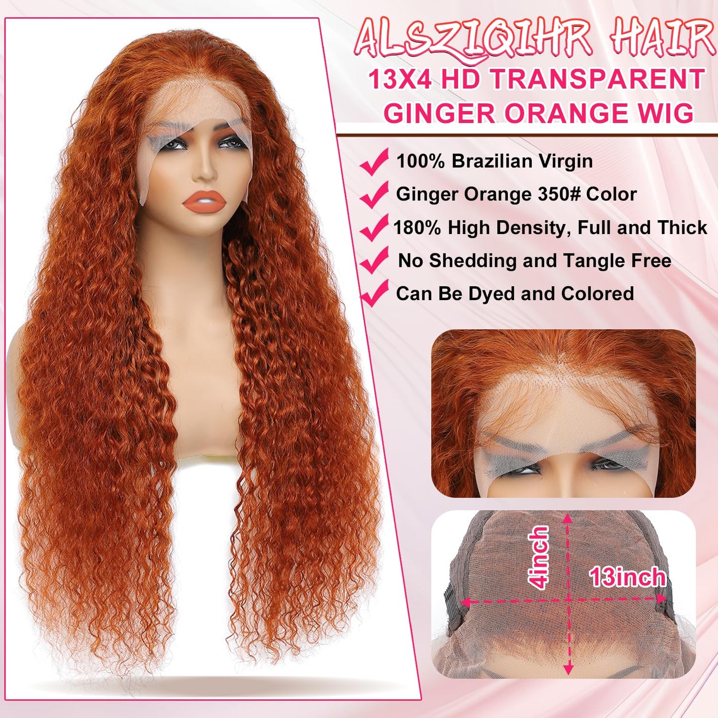 ALSZIQIHR Ginger Orange Water Wave Front Wig Human Hair Color 13x4 HD Transparent Lace Front Human Hair Wig for Black Women 180% Density R