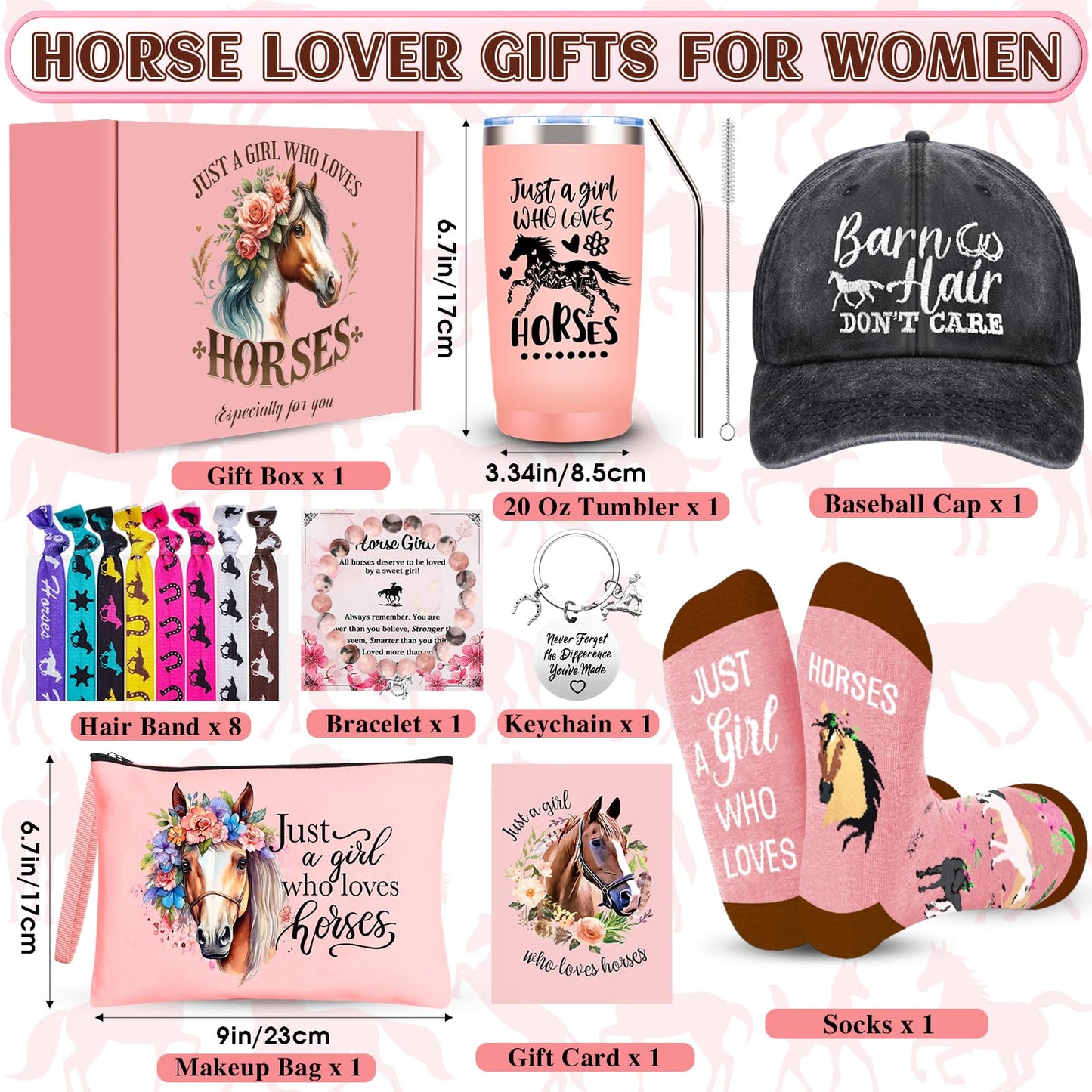 JTAMOHI Horse Lover Gifts for Women Girls, Horses Stuff Cool Gifts for Horses Lovers with 20 Oz Tumbler Baseball Hat Socks Makeup Bag Bracelet Hair Accessories for Birthday, Christmas Gifts