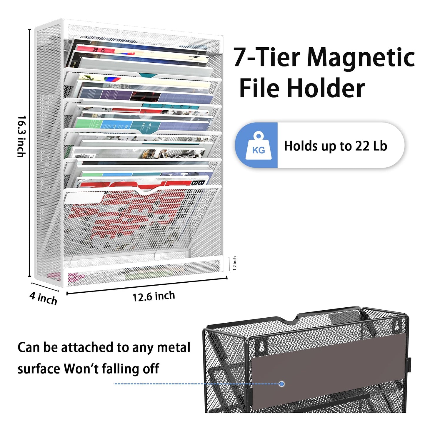 LQPAFZ 7 Tier Magnetic File Holder, No Drilling Wall File Organizer for File Cabinets Whiteboard Refrigerator,Office,Classroom, Hanging Paper Folder Holder, White