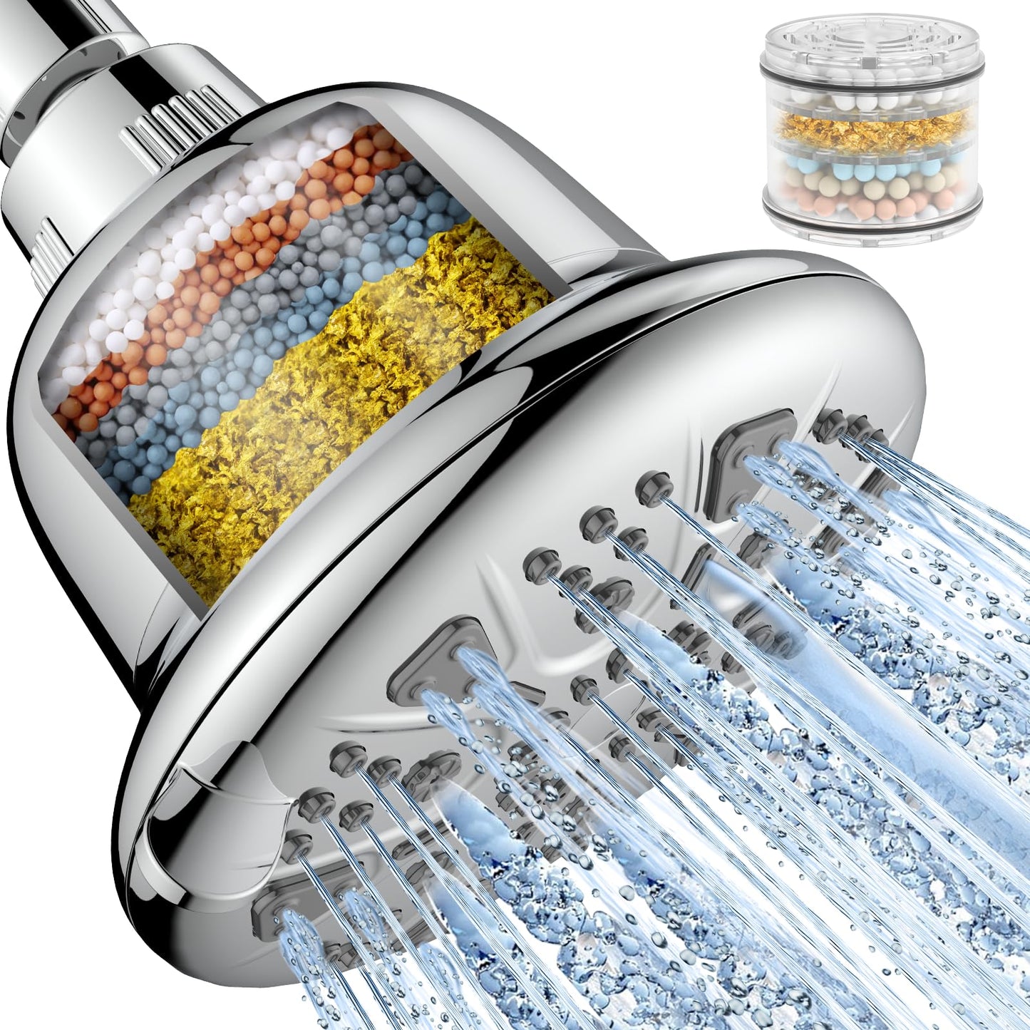 MakeFit Filtered Shower Head - High Pressure Rain Shower Head with Filter - Hard Water Softener - 7 Settings Bathroom Showerhead to Remove Chlorine and Heavy Metals (Chrome)