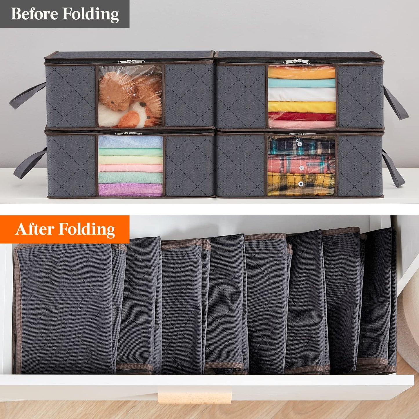 Lifewit Clothes Storage Bag Foldable Organizer Bin with Reinforced Handle Sturdy Breathable Fabric Clear Window for Sweaters, Coats, T-Shirts, Blankets, 6 Pack, Grey