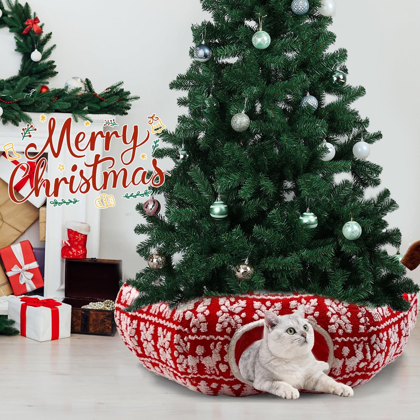 Cat Donut Tunnel for Christmas Tree - Warm Soft Cat Tube Christmas Tree Skirt, Christmas Themed Patterns Cats Red Tunnel Bed with Central Mat Multifunctional Round Pet Cave Toy for Kittens