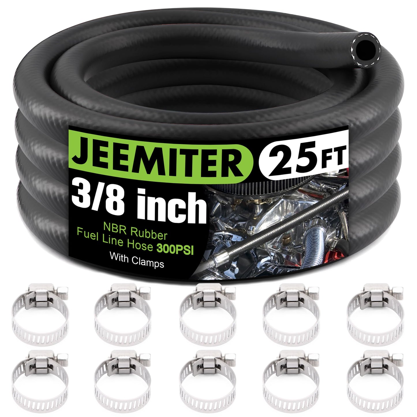 Jeemiter 3/8" Fuel Line Hose Oil Hose Push Lock NBR Rubber 25FT SAE 30R7 300PSI for Small Engines, Gas, Oil, Coolants Hose
