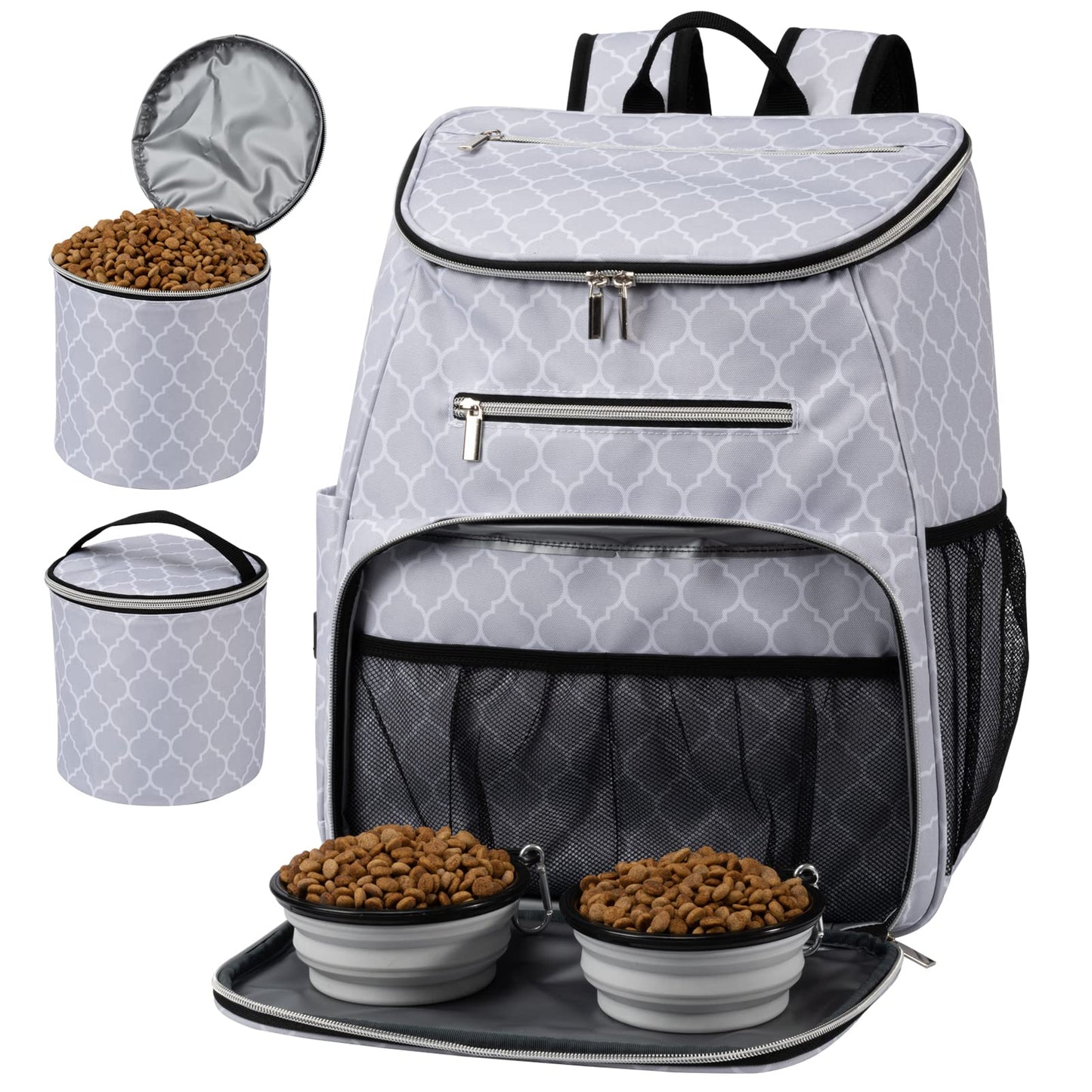 BAGLHER Dog Travel Bag Backpack, Airline Approved Pet Supplies Backpack, Dog Travel Backpack with 2 Silicone Collapsible Bowls and 2 Food Baskets DLWhite