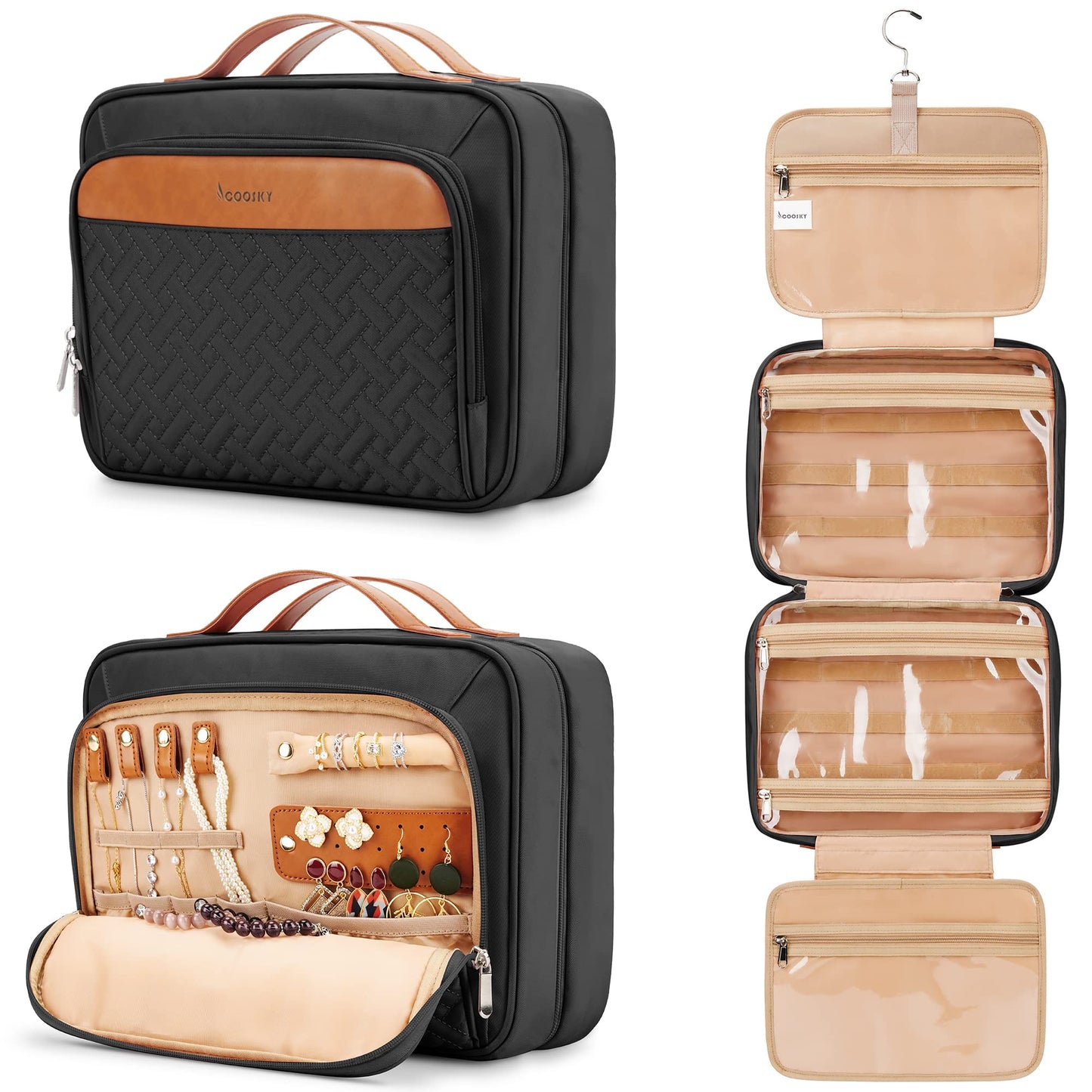 Travel Hanging Toiletry Bag for Women, with Jewelry Organizer Compartment, Large Waterproof Hanging Makeup Accessories, Cosmetic Essentials, Toiletries Dopp Kit Set with Trolley Belt, Black