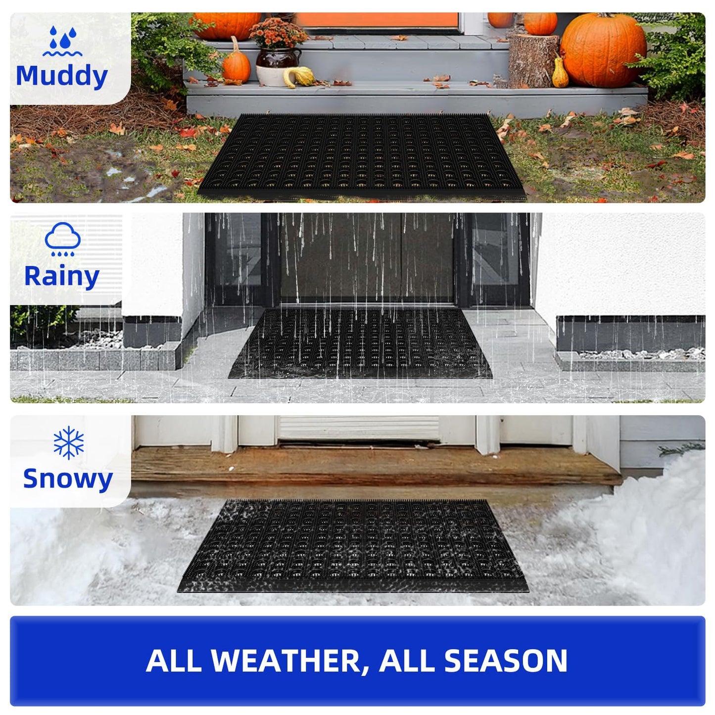 Mibao Front Door Mat, Heavy Duty All Weather Dirt Trapping Waterproof Non-Slip Drainage Welcome Entrance Doormats, Mud Mat for Garage Home Pool Entry Commercial, 29.5" x 17", Black