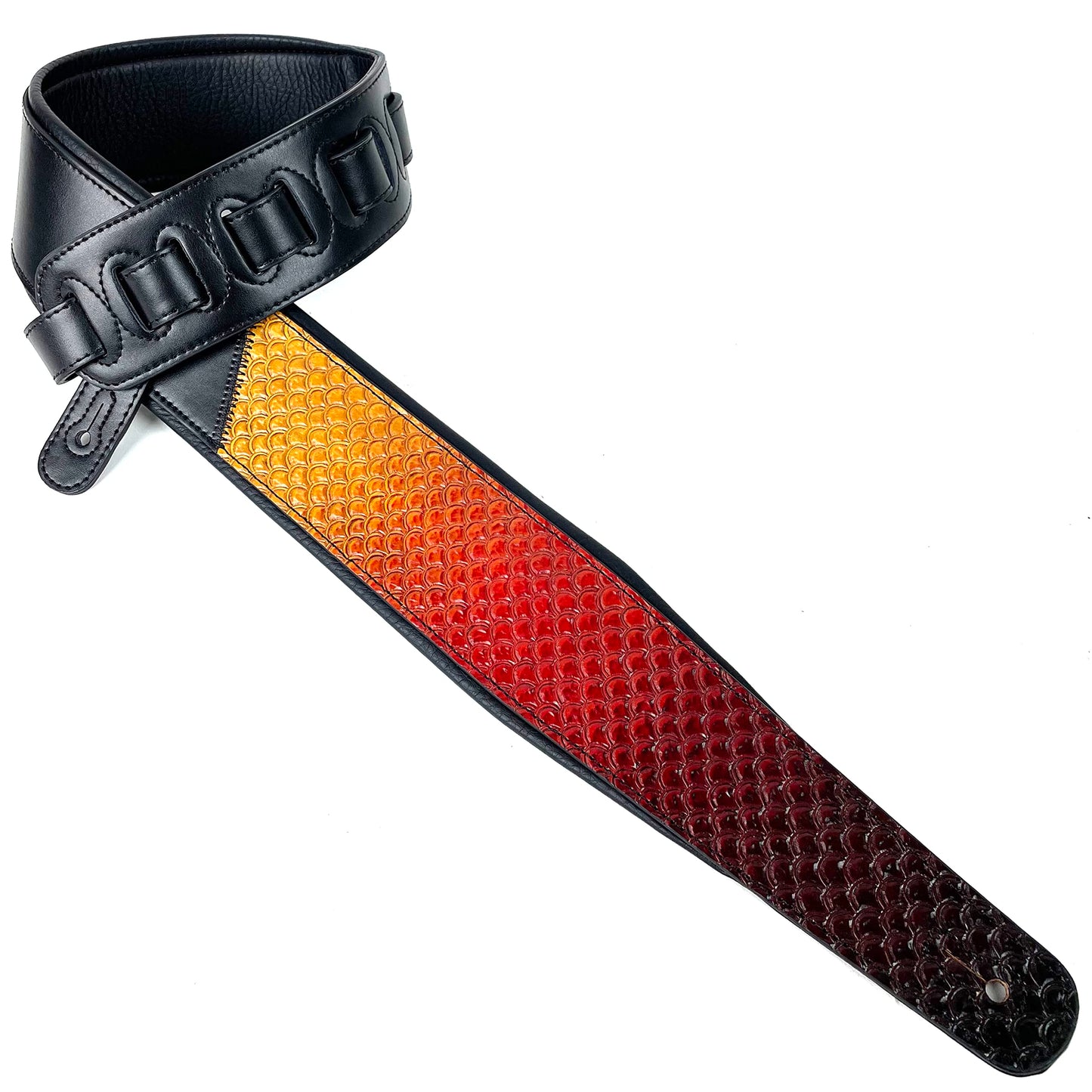 Walker And Williams KB-06 Premium Carved Fish Scale Guitar Strap In Painted Sunset Finish For Acoustic, Electric, And Bass Guitars, Yellow, Black, Red, 0
