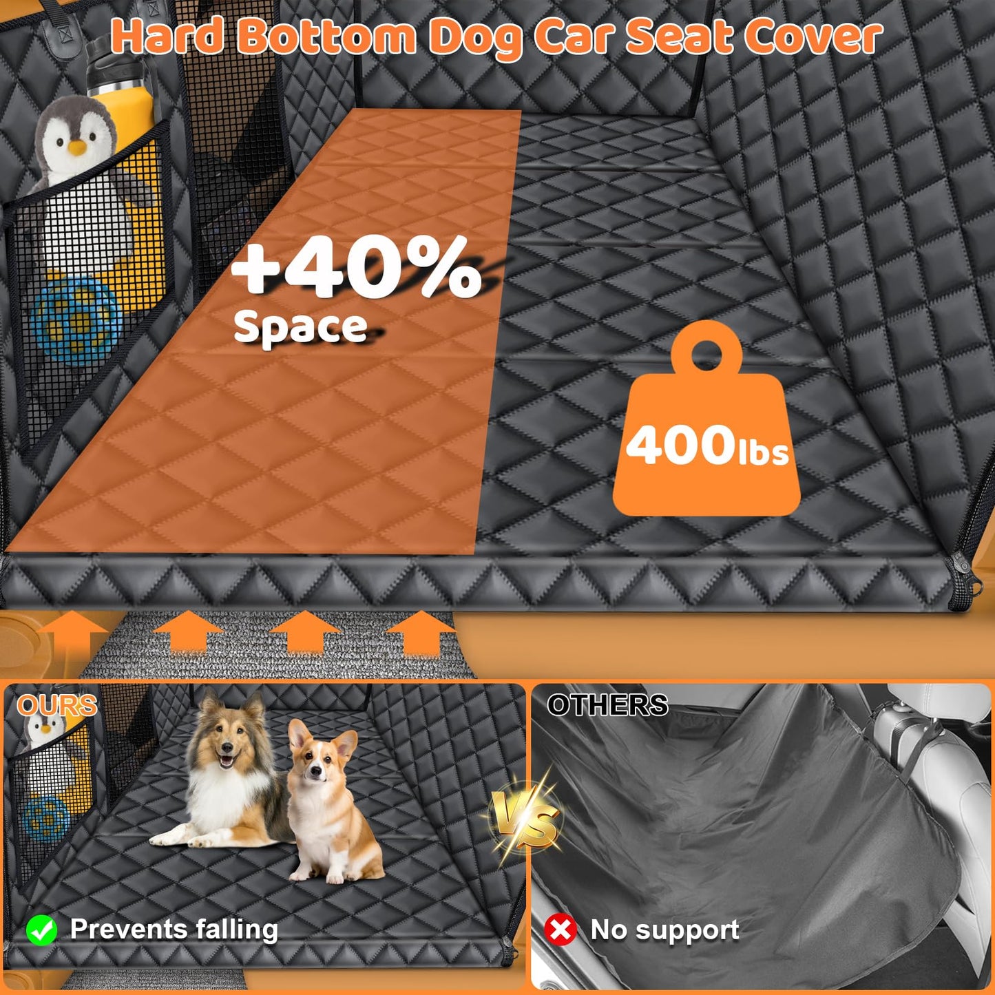 URPOWER Backseat Extender for Dogs - Hard Bottom Dog Car Seat Cover for Back Seat, Foldable Dog Hammock for Car, SUV, and Truck, Pet Rear Seat Protector Dogs Travel Bed with Mesh Window & Side Flaps