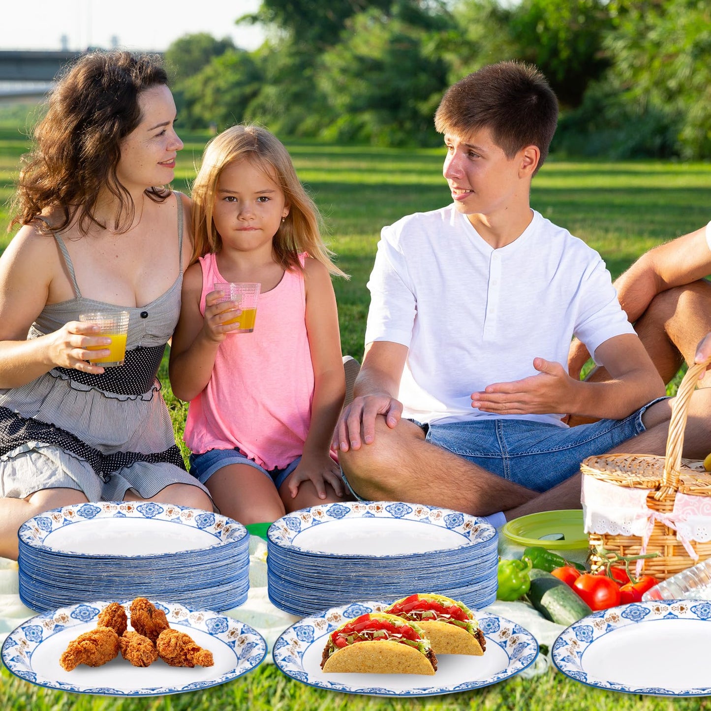 EggSun 50Pcs Blue Floral Oval Plates 10"x 12", Large Disposable Paper Plates, Heavy Duty Flower Plate Tableware for Family Gathering, Dinner Time, Birthday, Wedding, Holiday Party Serving Supplies