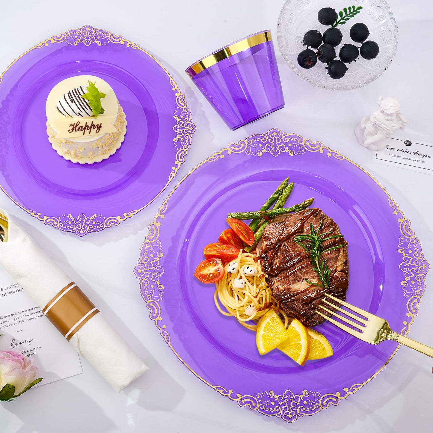 Bestluck 350 PCS Purple and Gold Plastic Plates, Disposable Dinnerware Set for 50 Guests, 100 Disposable Plates, 150 Silverwares, 50 Cups, 50 Napkins for Wedding, Party