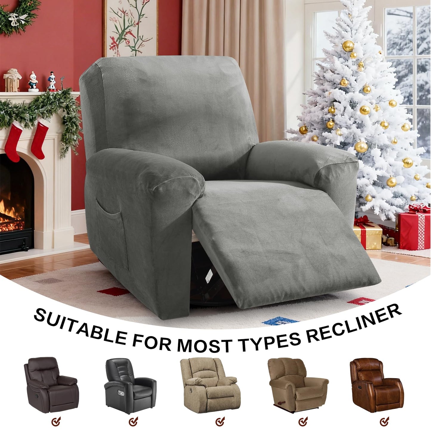 MAXIJIN Velvet 4 Piece Recliner Chair Covers Stretch Plush Sofa Slipcover Recliner Cover Thick Soft Reclining Protector with Side Pocket (1 Seat, Gray)