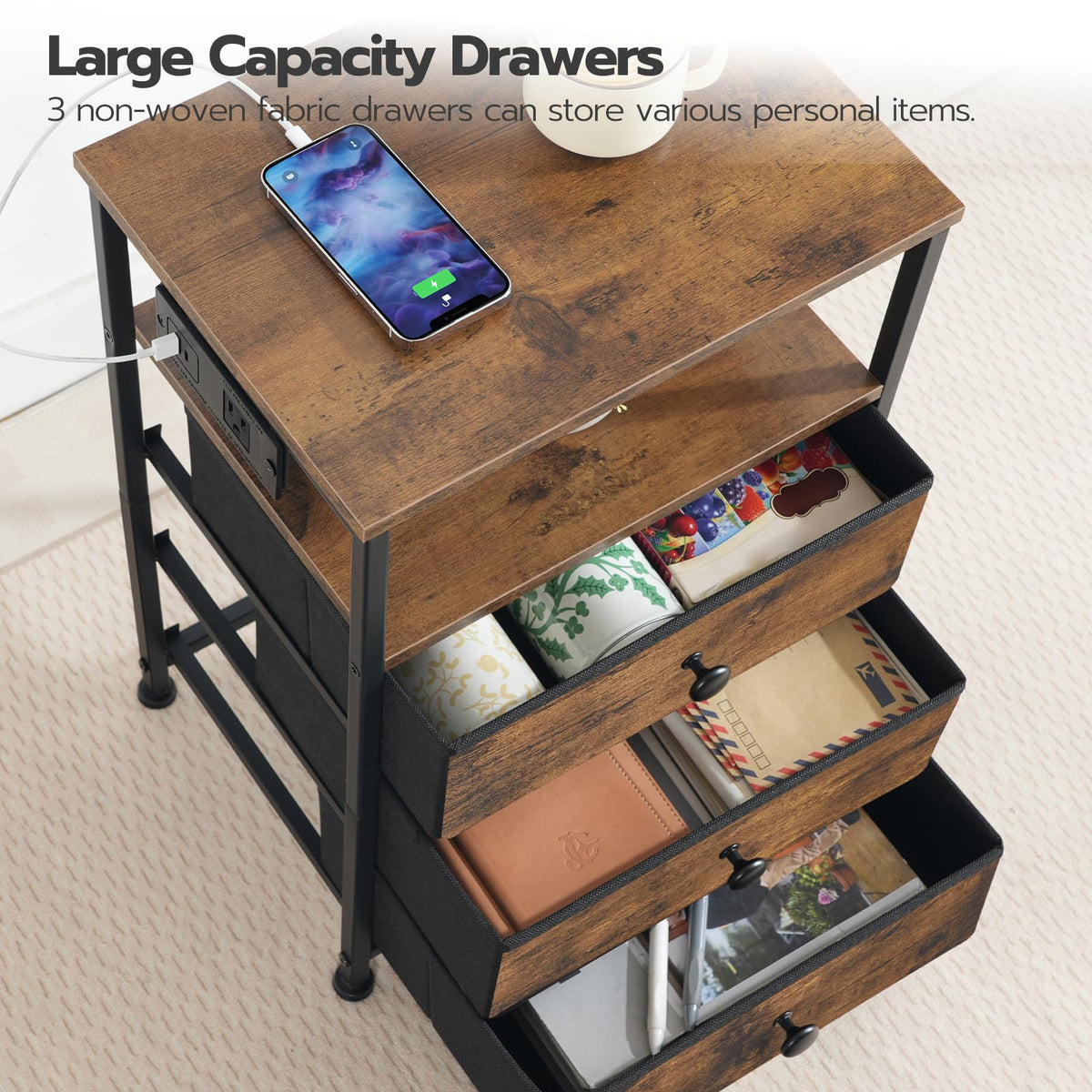 HOOBRO Bedside Table with Charging Station, Narrow Side Table with 3 Non-Woven Fabric Drawers, End Table with Open Storage, Nightstand for Small Spaces, Rustic Brown and Black BF403UBZ01