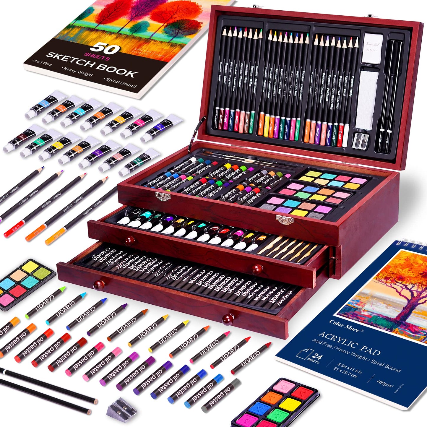 175 Piece Deluxe Art Set with 2 Drawing Pads, Acrylic Paints,Crayons,Colored Pencils,Paint Set in Wooden Case,Professional Art Kit,Art Supplies for Adults,Teens and Artist, Red