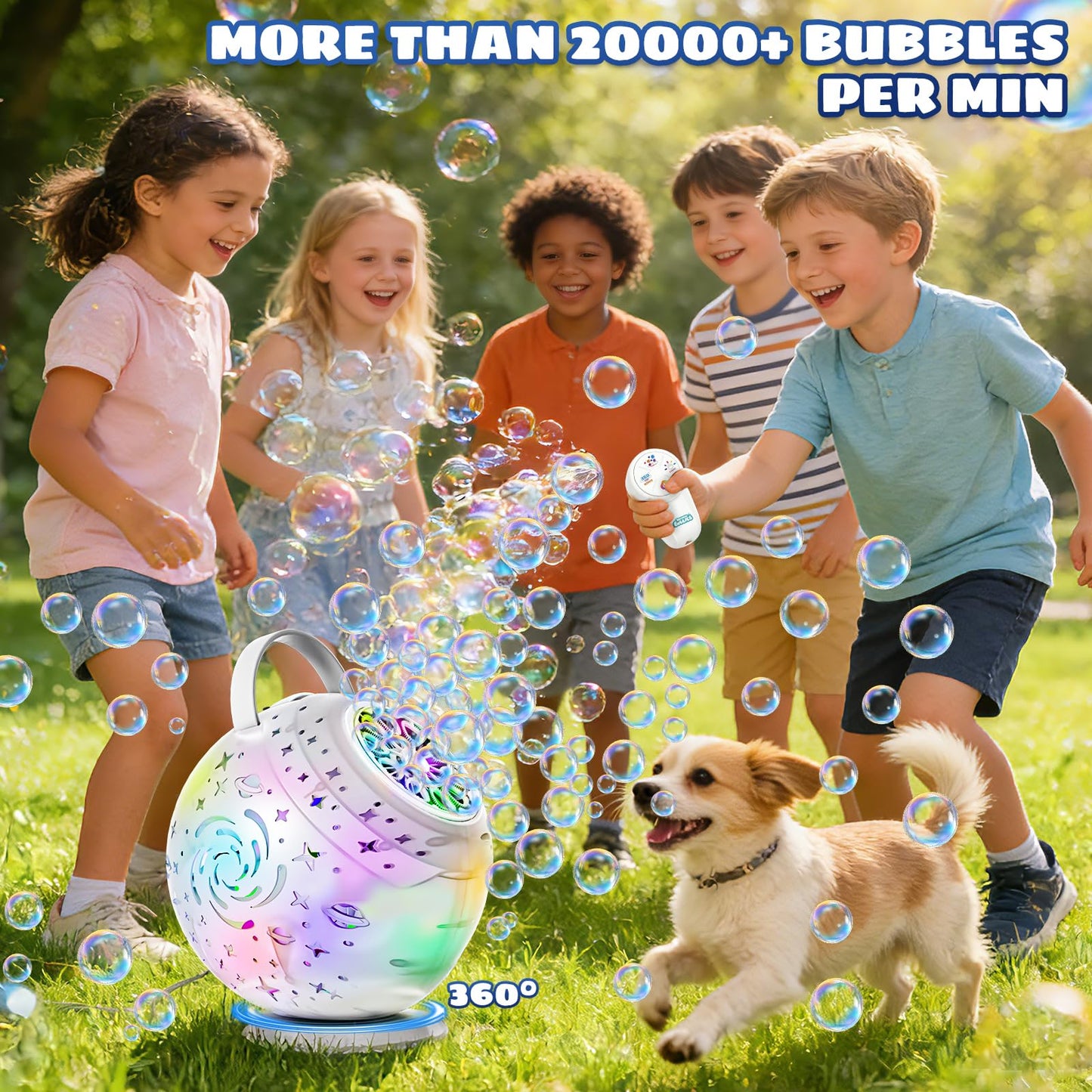 Rechargeable Bubble Machine - Auto 90°/360° Rotation, Remote Control and 7 Colors RGB LED Light, Bubbles Maker Toys for Kids, Bubbles for Wedding Parties, Boys Girls Easter Birthday and Xmas Gift