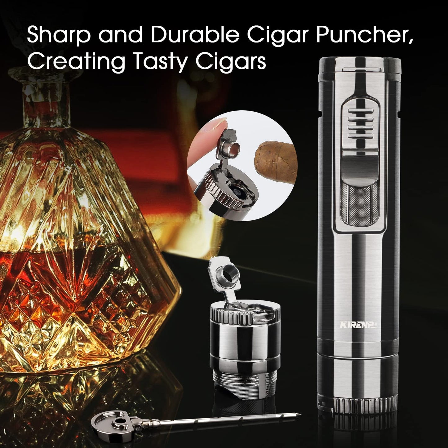 4-in-1 Torch Cigar Lighter with Jet Flame, Cigar Punch, Cigar Holder, Cigar Draw Enhancer, All-in-one Cigar Accessories, Luxury Gift for Men, Refillable Butane Cool Lighters for Smoking, Candle