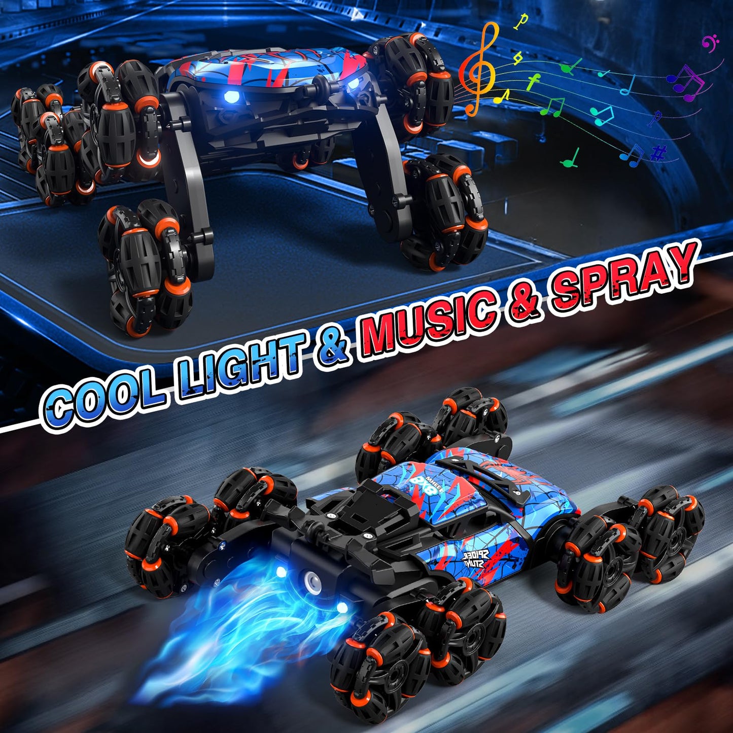 8WD Gesture Sensing RC Stunt Car with Spray & Light & Music for Kids Age 6-8-13, Spider Hand Remote Control Car 2.4Ghz Double-Sided Climbing Drift RC Car Toys Birthday Gift for Boys