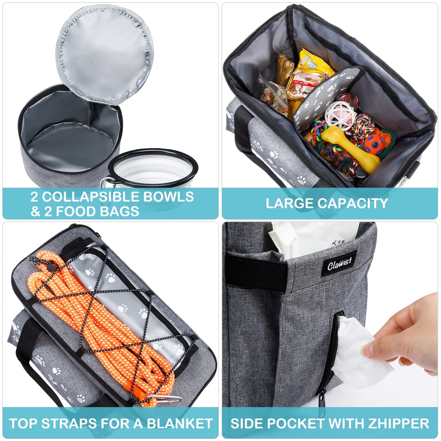 CLAWIST Dog Travel Bag - Airline Approved With Food Containers and Collapsible Bowls - Weekend Pet Supplies Kit for Overnight Trips