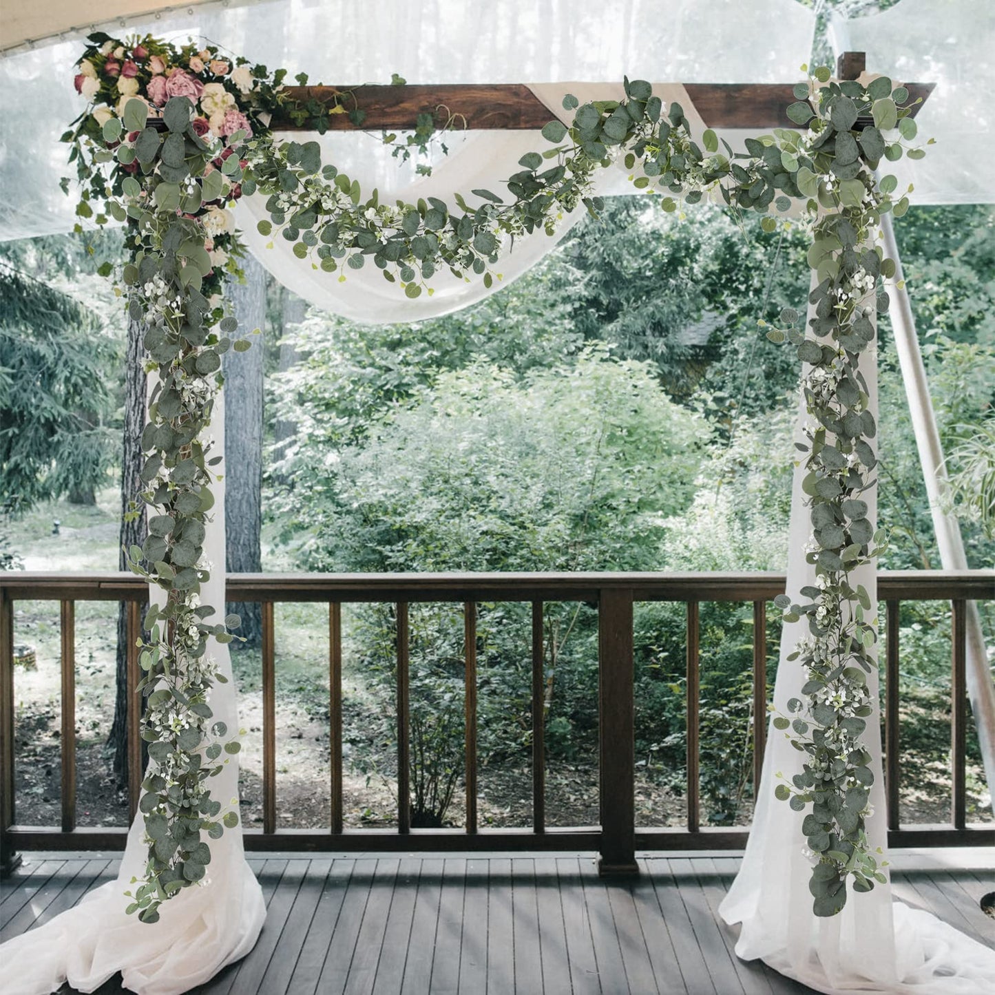 SOMYTING Artificial Eucalyptus Garland, 4 Packs 5.9Ft Faux Greenery Vines with White Babys Breath Flowers Gypsophila Fake Silver Dollar Eucalyptus Leaves Vines for Wedding Party Mantle Table Decor