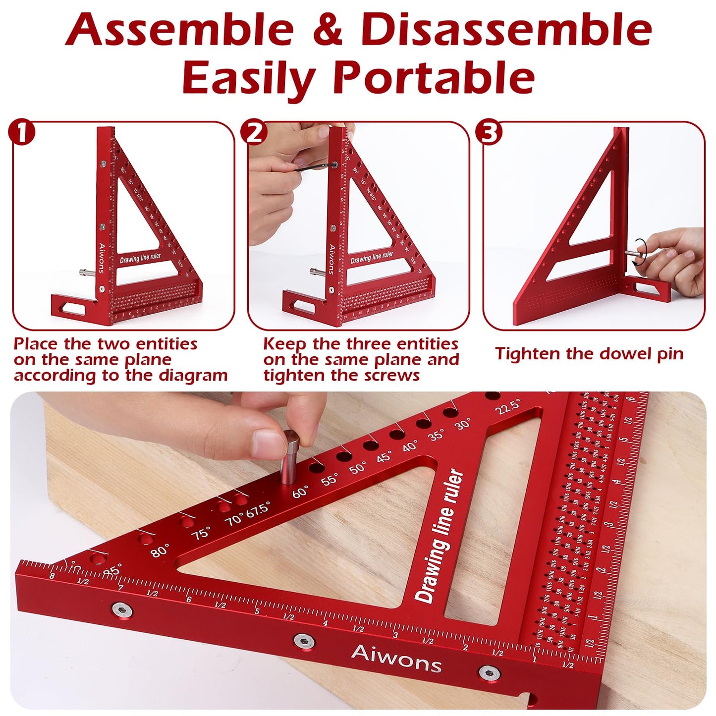Aiwons 8.5 inch 3D Multi-Angle Measuring Ruler -Large Precision Woodworking 3D Square Protractor 15-90 Degree and Miter Triangle - Aluminum Alloy Drawing Line Ruler for Engineer Carpenter Red