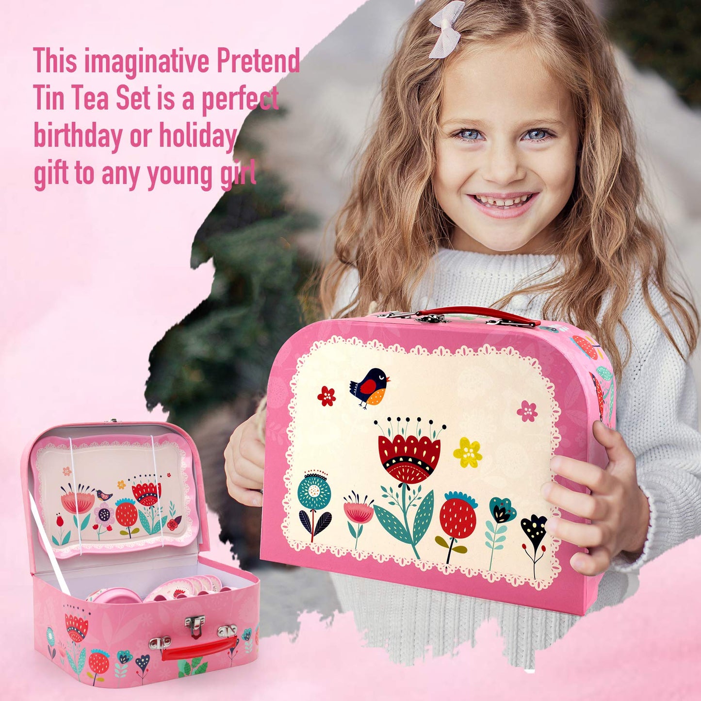 D-FantiX Kids Tea Set for Little Girls, 15Pcs Pink Tin Tea Party Set for Toddlers Afternoon Tea Time Playset with Metal Teapots Tea Cups Play Dishes Princess Toys Gifts with Carry Case