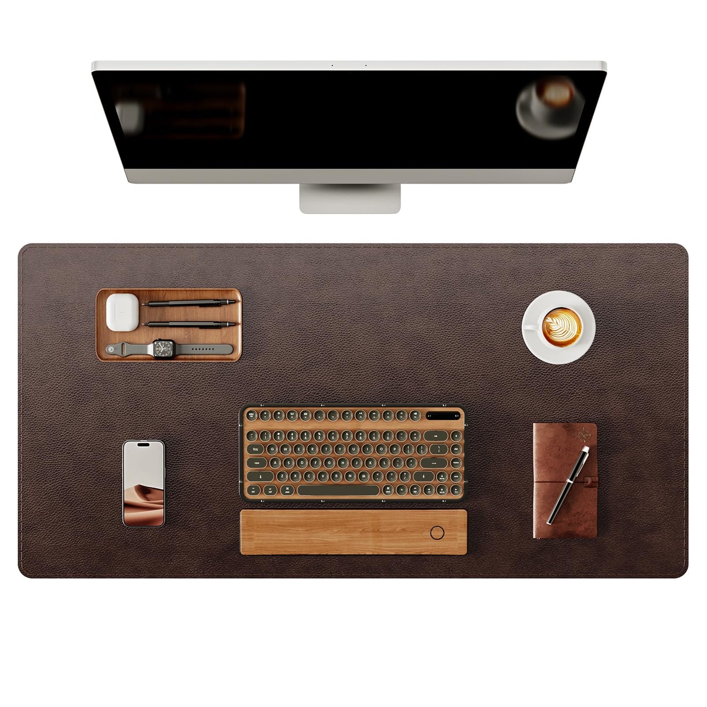 YSAGi Genuine Leather Desk Mat, Office Desk Pad, Thick Premium Table Pad with Stitched Line, Non-Slip Laptop Writing Pad with Rubber Base (Dark Brown, 31.5"x15.8")