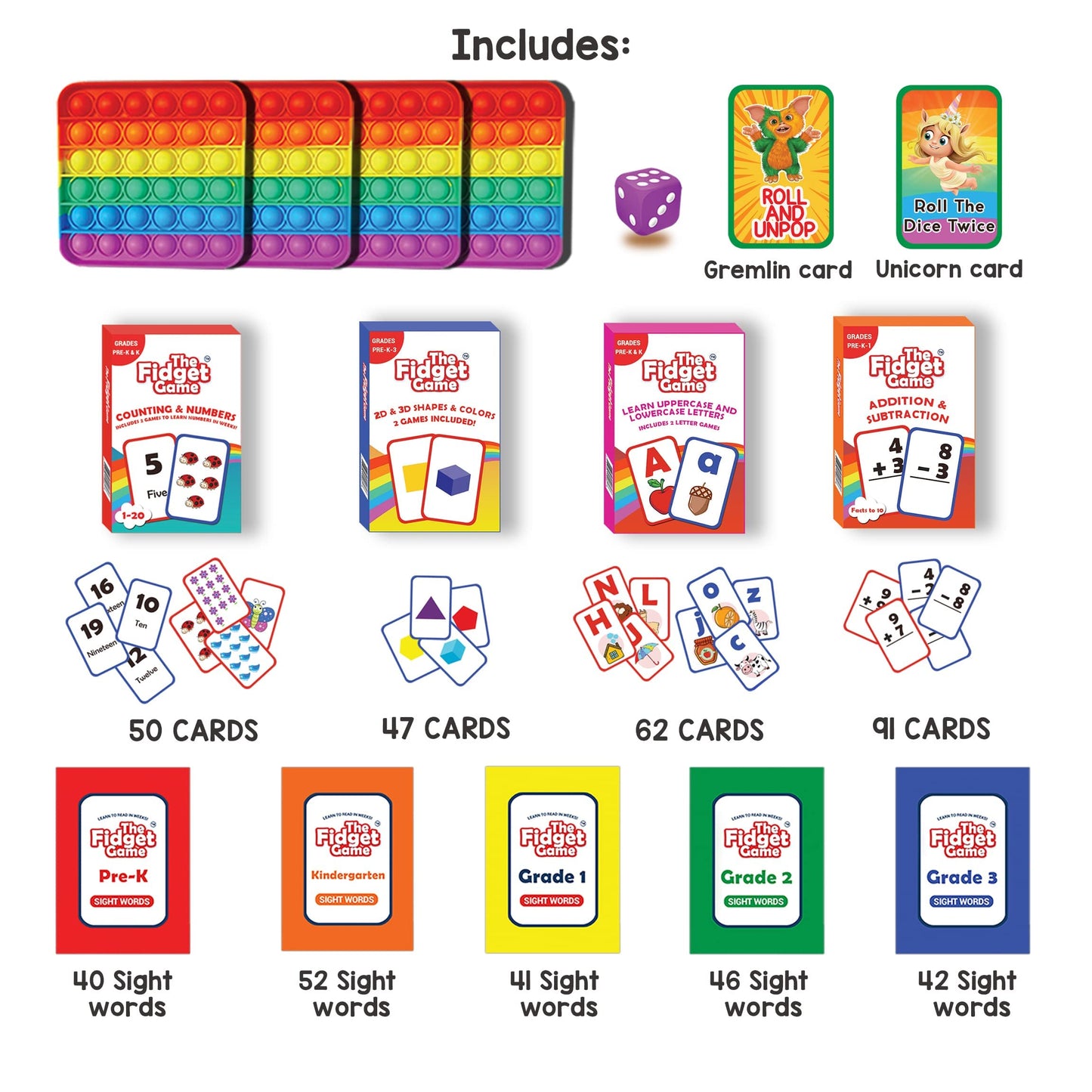 THE Fidget Game Kindergarten Learning Bundle - Learn to Read in Weeks, Master 500 Learning Cards - High-Frequency Dolch Sight Words, Numbers, Addition & Subtraction & Shapes - for Pre-K to Grade 3