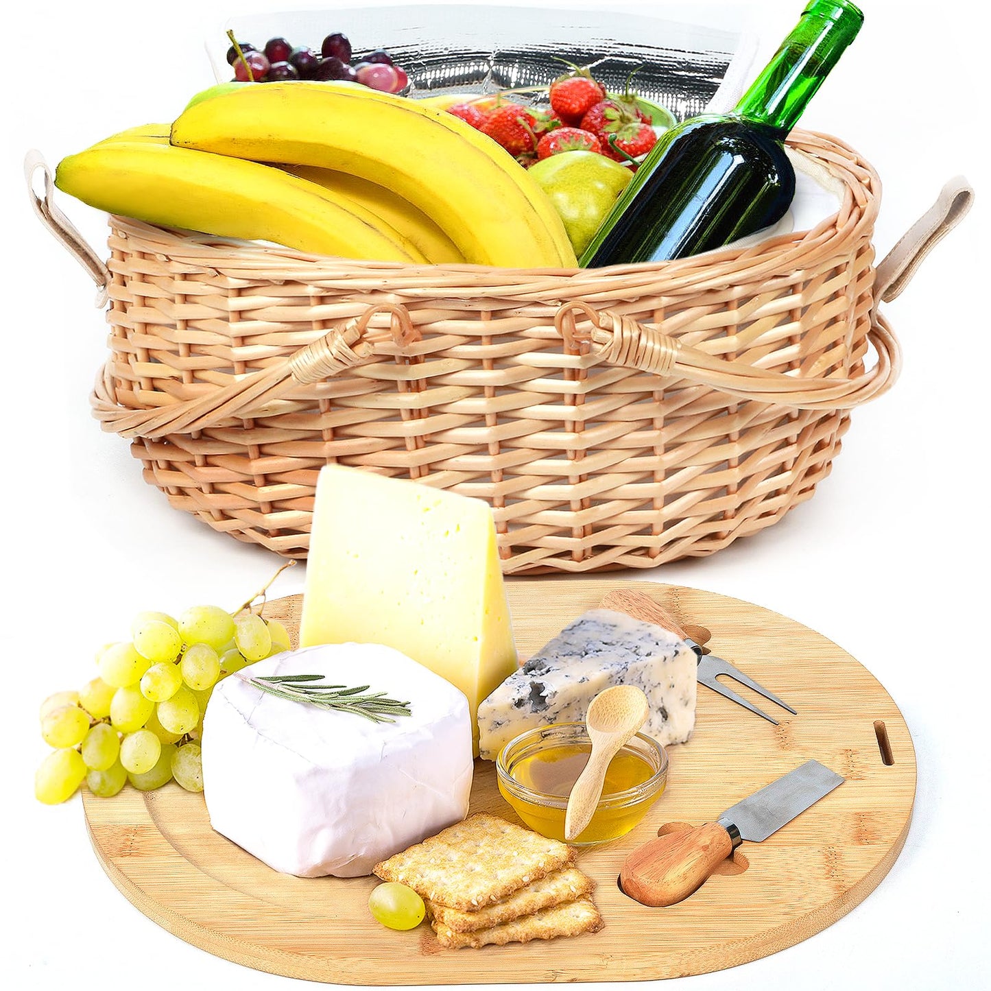 Hap Tim Wicker Picnic Basket Set with Blanket Charcuterie Boards for 2 - Unique Gifts Ideas for Couple, Engagement, Wedding, Bridal Shower, Family, Christmas, White Elephant Gifts for Adults(Y2408A-1)